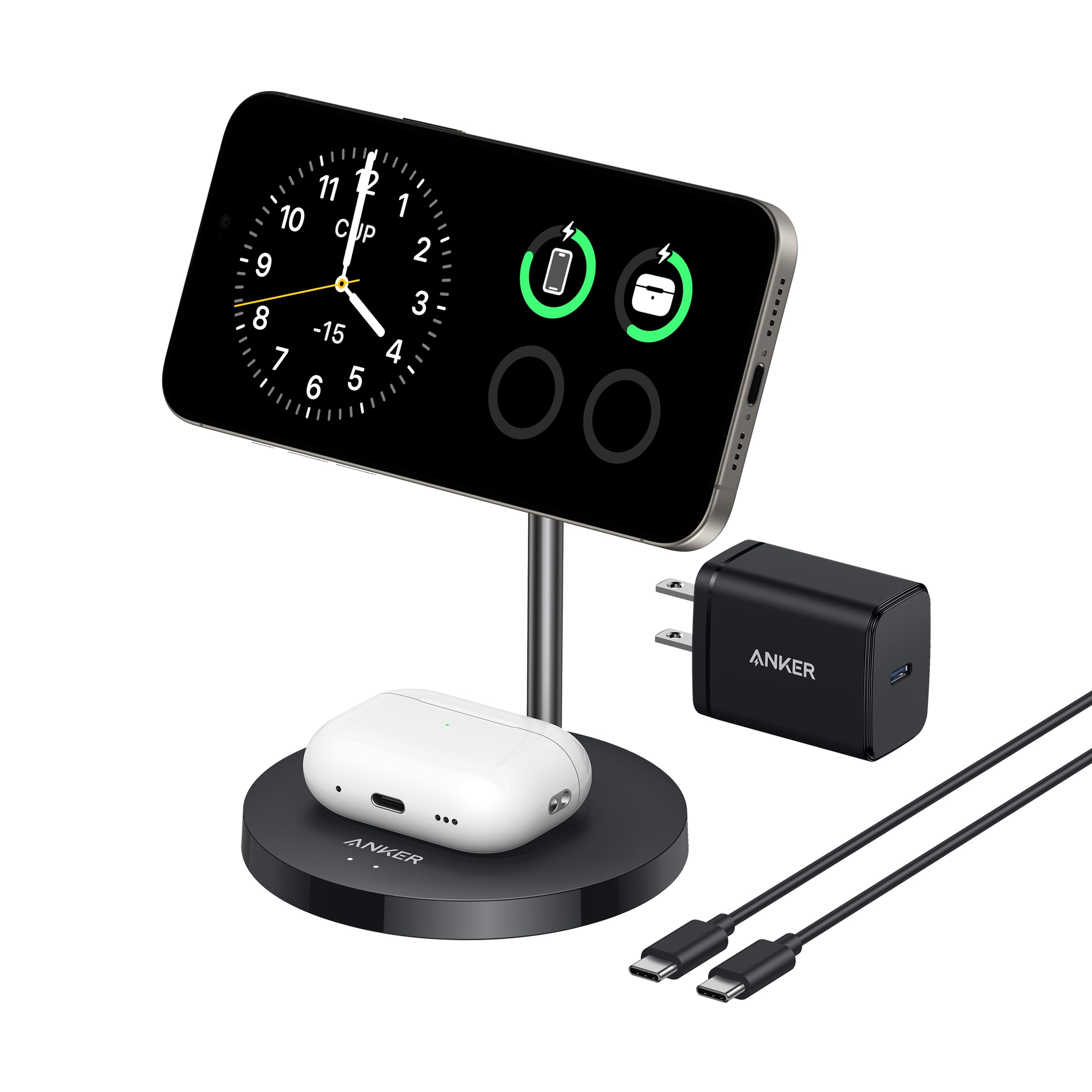 Anker به‌روزرسانی شده MagSafe شارژر ایستاده، MagGo ایستگاه شارژ 2 در 1، شارژر بی‌سیم Qi2 تاییدشده 15W ایستگاه، برای آیفون 16/15/14/13/12، AirPods Pro (بدون آداپتور AC) سیاه