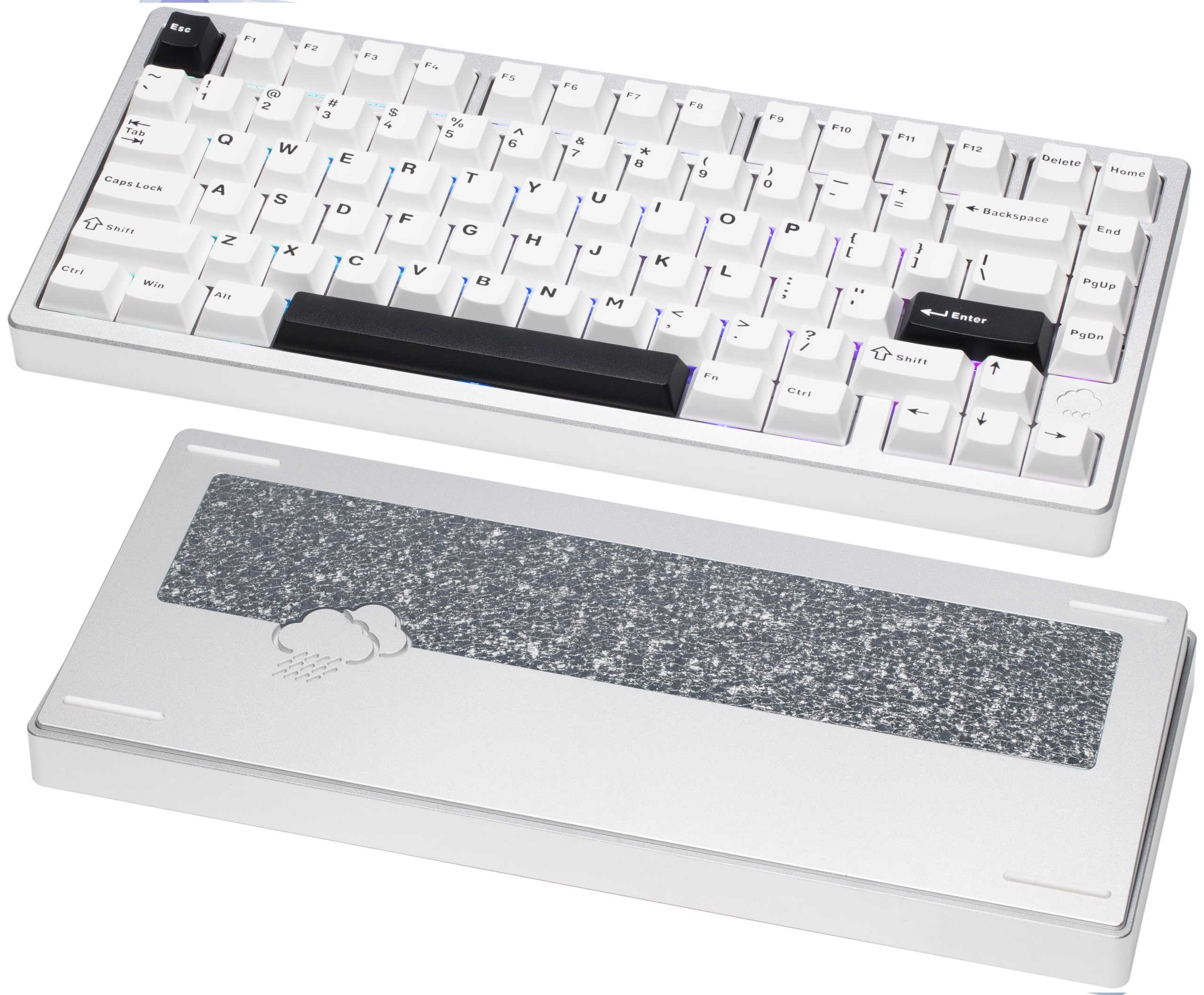 صفحه کلید مکانیکی Rainy 75 CNC Aluminum HMX/JWK/Cocoa Switches با اتصال سه حالته و یک کیبورد کامپیوتر با کیفیت صدای برتر، نور پس‌زمینه RGB/FR4/Silver SUS304/7000mAh/Cocoa Switch (Pro - Silver) Pro Argent