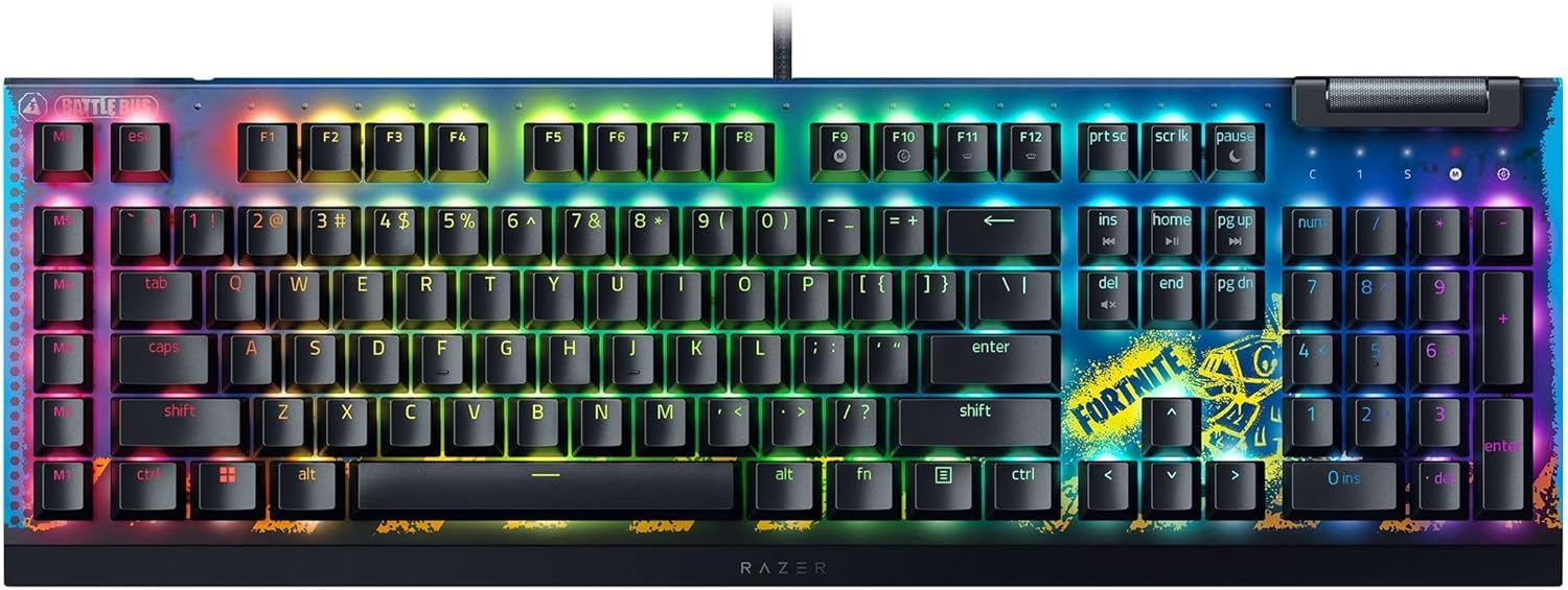 کیبورد بازی مکانیکی Razer BlackWidow V4 X: سوییچ های زرد خطی و ساکت - 6 کلید میکرو - رنگ‌های Chroma RGB - کی‌کپ‌های ABS دابل‌شات - محدود کننده صدا و استابیلایزرها - نسخه Fortnite با طرح آمریکایی سیاه BlackWidow V3 X سیاه