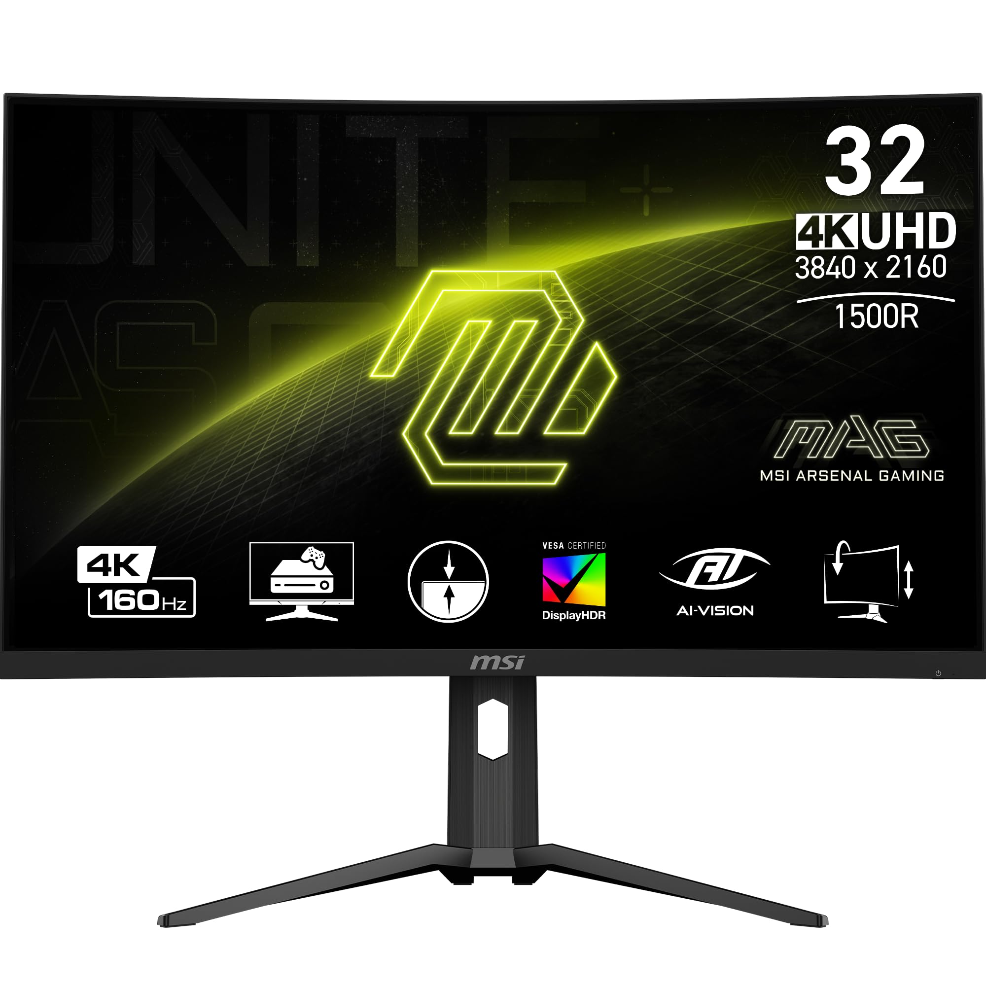 MSI MAG321CUP ۳۲ اینچ ۳۸۴۰ × ۲۱۶۰ (UHD)، VA، مانیتور گیمینگ ۴K ۱۶۰Hz، سینک تطبیقی، ۱ms، HDMI، پورت نمایش، قابل نصب بر روی VESA، تیلت