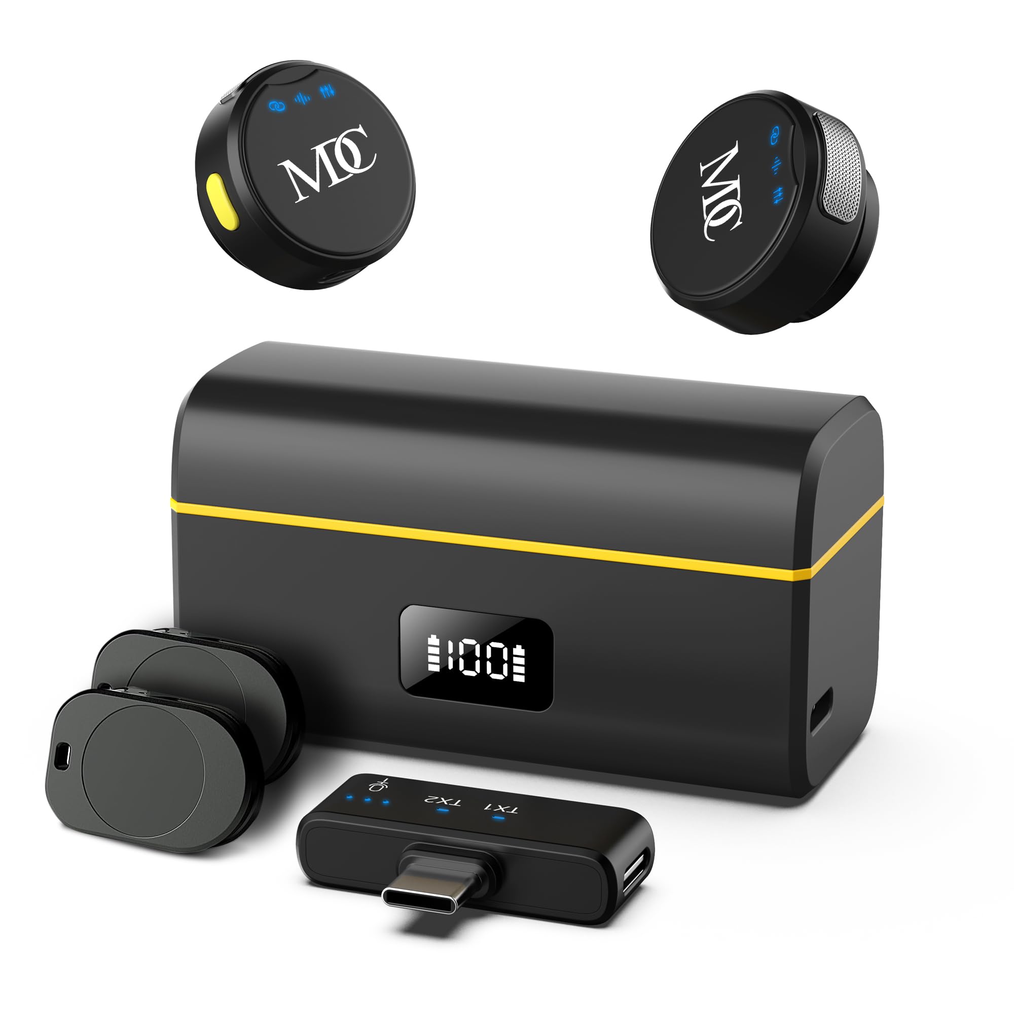 میکروفون بی‌سیم لاوالیر USB-C MICPKDM - میکروفون کوچک برای ضبط ویدیو، استریم زنده و ولاگینگ - برد ۵۰۰ فوت، باتری ۲۳ ساعته، کاهش سر و صدا و ریورب - پورت USB-C (M9-USB-C) USB-C (2 فرستنده + 1 گیرنده + کیس شارژ)