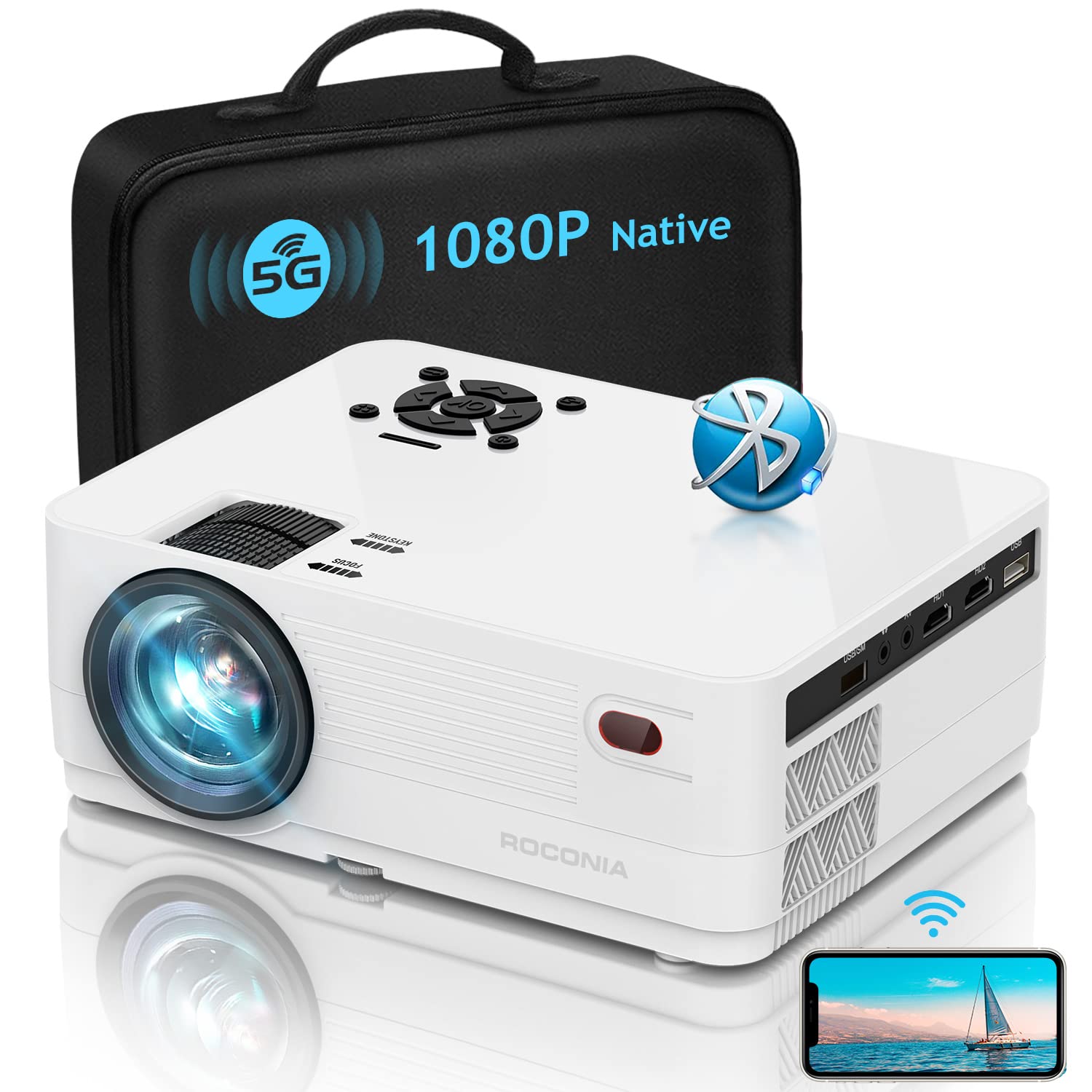 پروژکتور Roconia 5G WiFi Bluetooth Native 1080p، پروژکتور Full HD فیلم 12000LM، پشتیبانی از نمایش 300 اینچی 4k Home Theater، سازگار با iOS/Android/XBox/PS4/TV Stick/HDMI/USB (سفید)