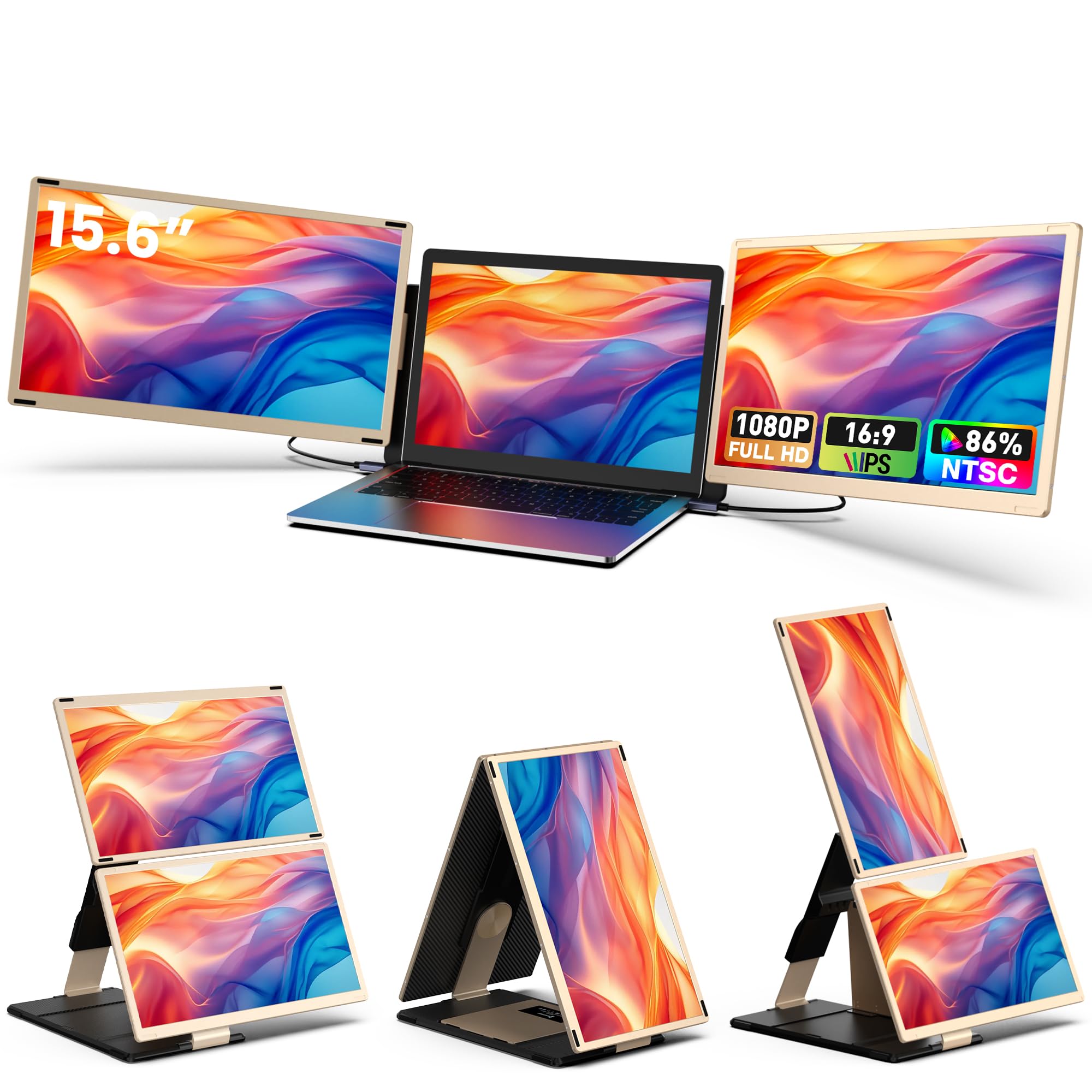 صفحه نمایش لپ تاپ، مانیتور قابل حمل سه تایی 15.6 اینچ با نمایشگر IPS FHD 1080P با 86٪ NTSC، مانیتور قابل جداشدن برای لپ تاپ سازگار با Wins/Mac/Linux/Dex/Chrome، کار کردن با رایانه رومیزی/رایانه‌های کوچک  مانیتورهای سه تایی 15.6 اینچی -S6-001