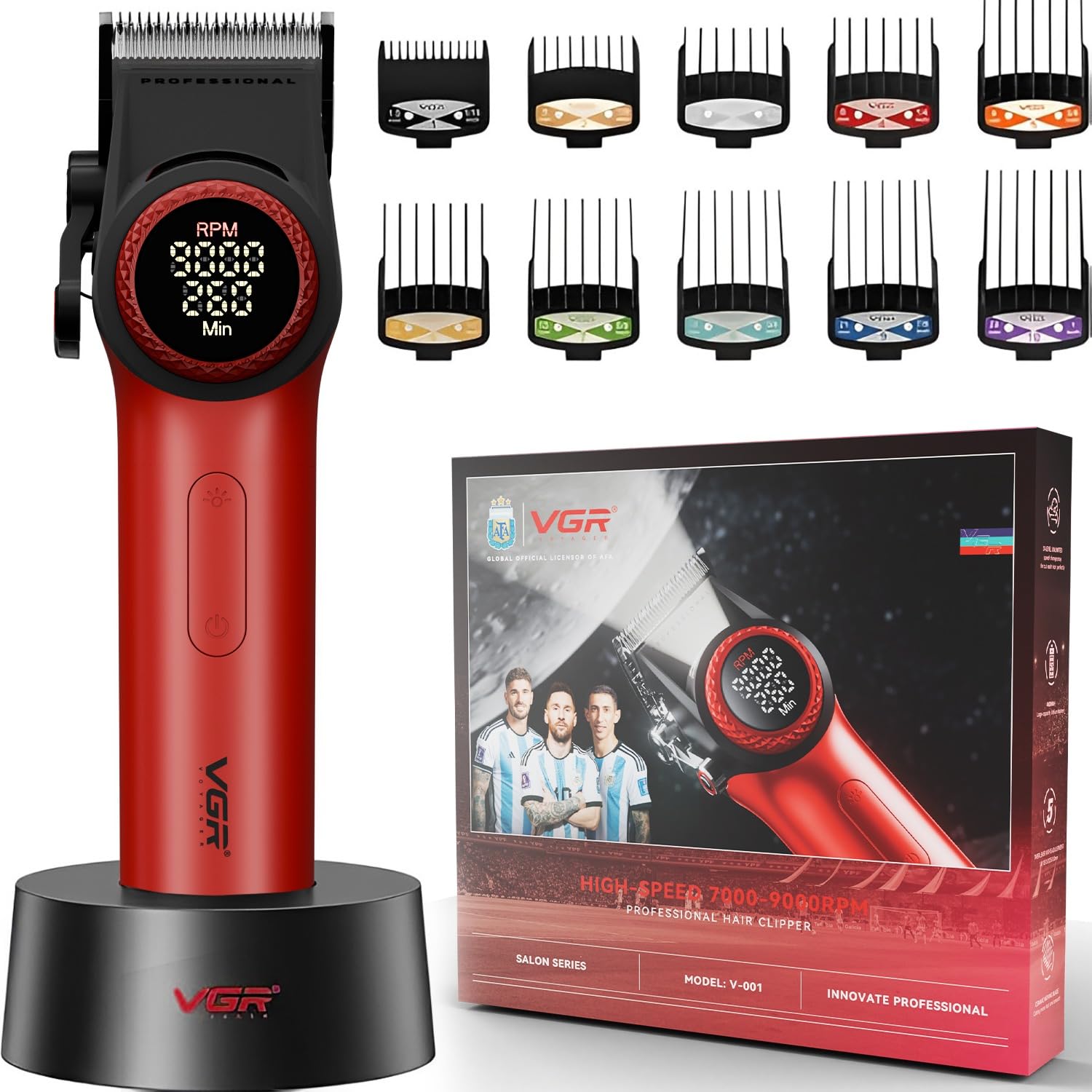 کلیپر حرفه ای موی VGR V-001 - موتور ٩٠٠٠ دور در دقیقه با توان بالا، زمان کارکرد ٣٠٠ دقیقه، تیغه با پوشش الماس DLC، نمایشگر و چراغ LED، دسته‌ی قابل تنظیم با ١٥ تنظیم طولی، رنگ قرمز