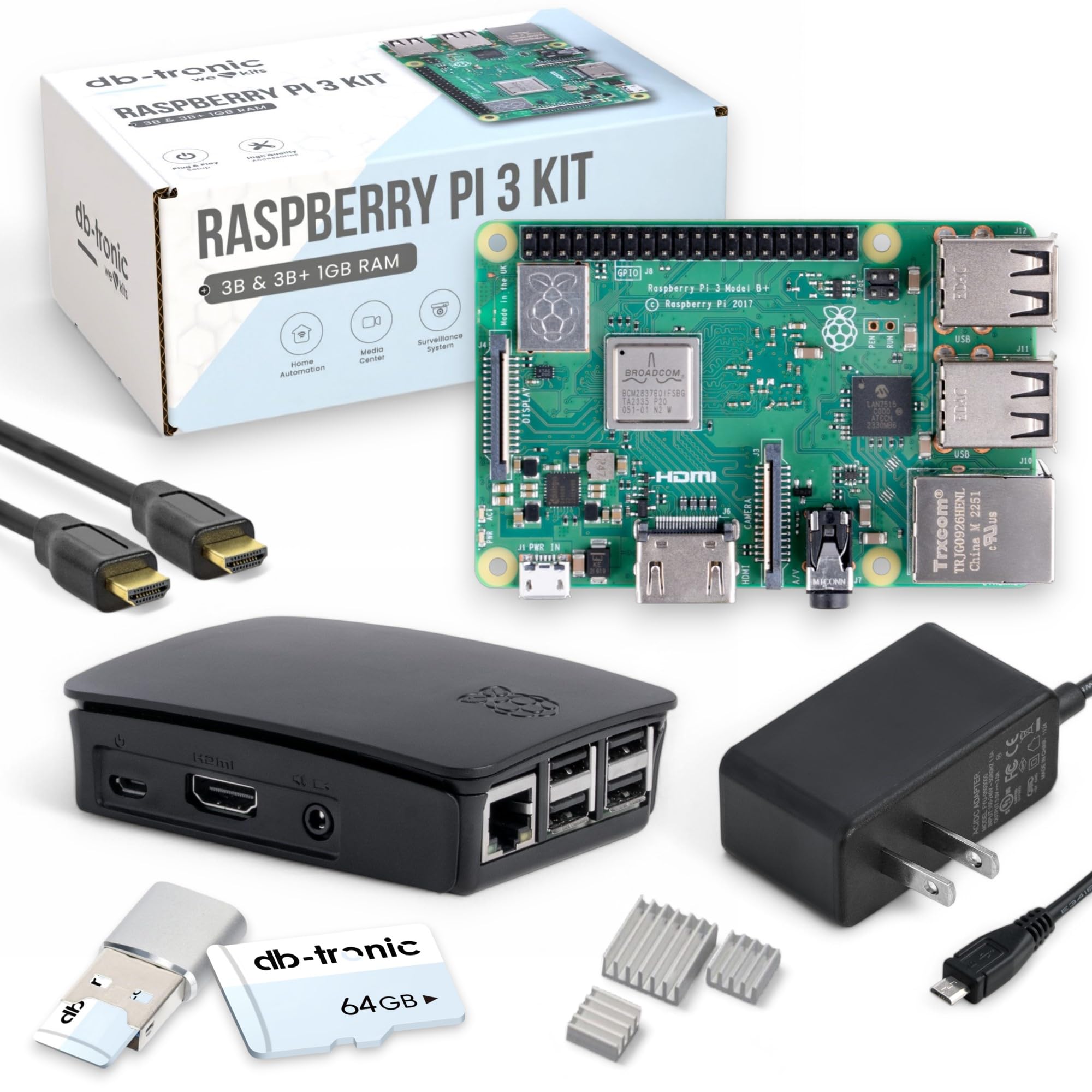 ستارتر ست db-tronic Raspberry Pi 3 B+ با منبع تغذیه | قاب | کارت حافظه 32 گیگابایت | کابل HDMI 1 متری | Raspberry Pi 3 B+ با 1 گیگابایت RAM
