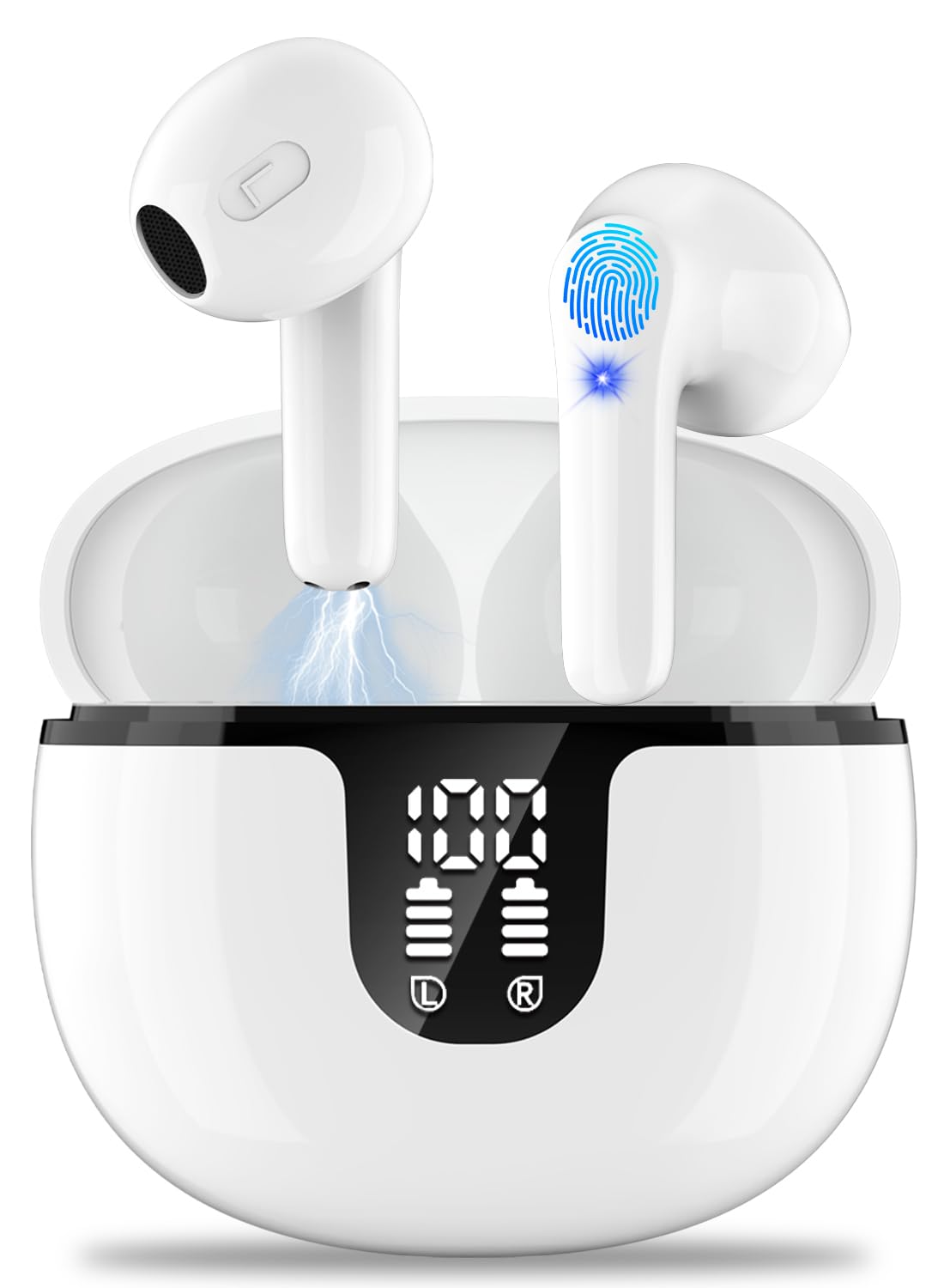 گوشواره‌های بی‌سیم، هدفون بلوتوث 5.3 استریو HiFi، زمان پخش 42 ساعت، هدفون بی‌سیم با میکروفون حذف نویز ENC، ضدآب IPX7، نمایشگر قدرت LED، کنترل لمسی گوشواره برای ورزش‌ها، کار سفید-S61