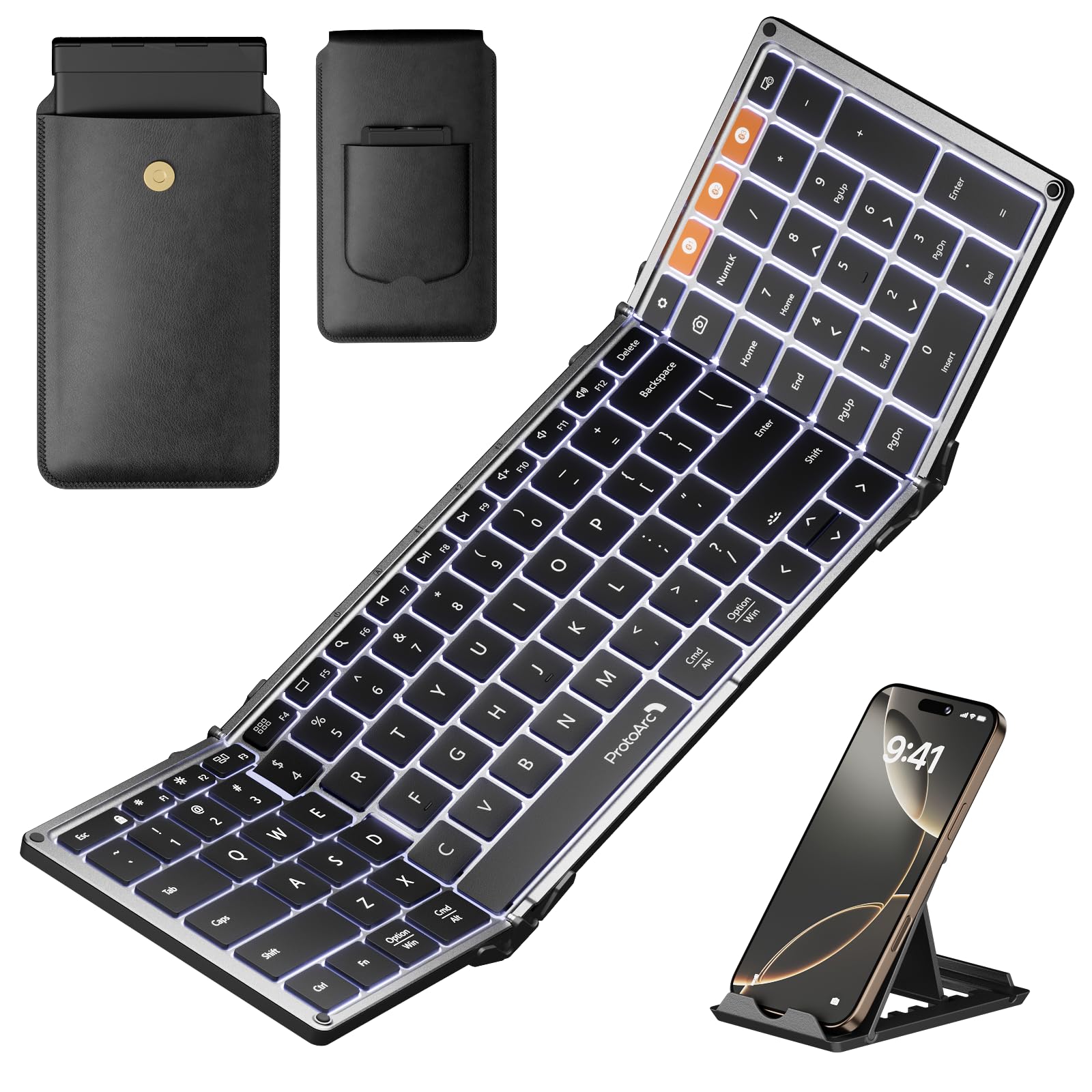 صفحه کلید قابل‌تاشویی پروتوآرک، مدل XK01 Plus، صفحه کلید بلوتوث قابل‌تاشو و قابل‌حمل برای سفر، صفحه کلید بیرونی بی‌سیم اندازه کامل با نور پس‌زمینه برای آیپد، تبلت سرفیس، گوشی هوشمند، لپ‌تاپ و کامپیوتر شخصی
