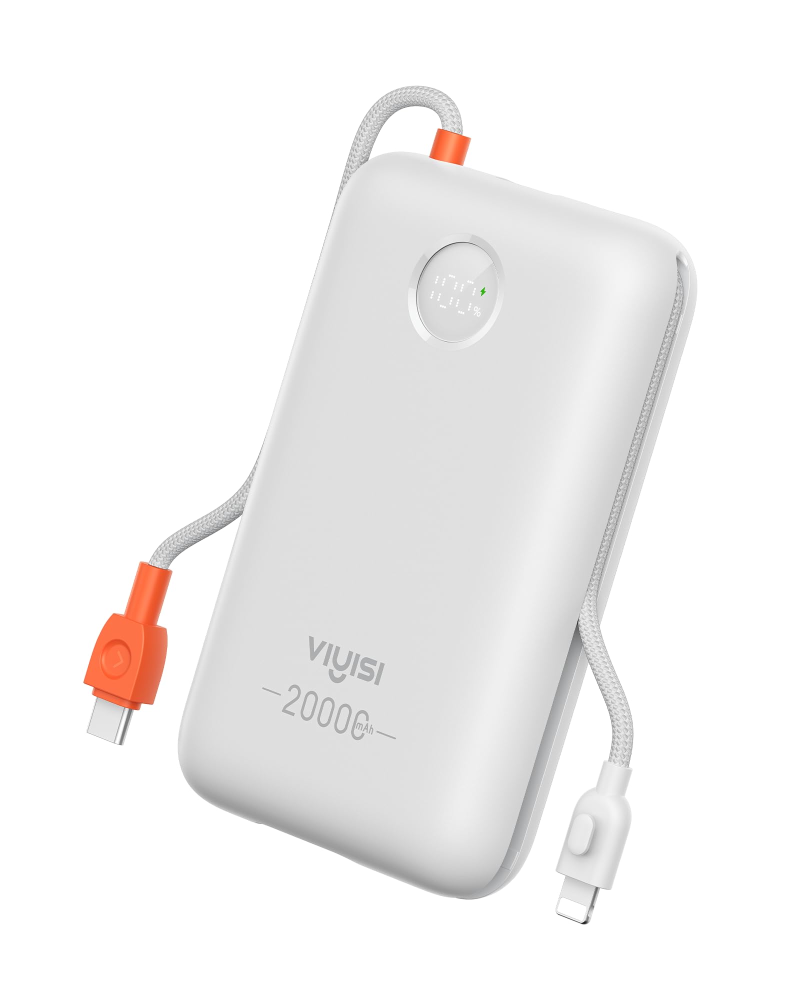 پاور بانک VIYISI 20000mAh 30 وات شارژ سریع شارژر قابل حمل با کابل‌های داخلی و نمایشگر LED، باتری USB C برای آیفون، سامسونگ، آیپد و گوشی‌های اندروید، مناسب برای سفر - سفید