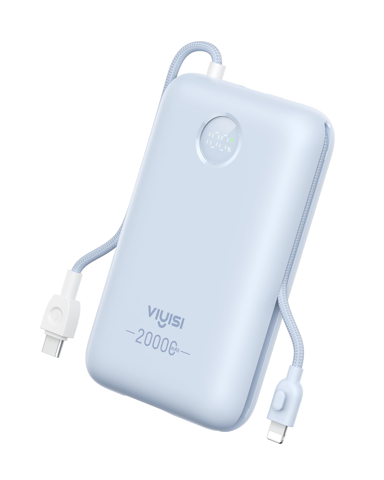 پاور بانک VIYISI 20000mAh 30W شارژ سریع شارژر قابل حمل با کابل‌های داخلی و نمایشگر LED، باتری USB C برای آیفون، سامسونگ، آیپد و گوشی‌های اندروید، مناسب برای سفر - آبی روشن