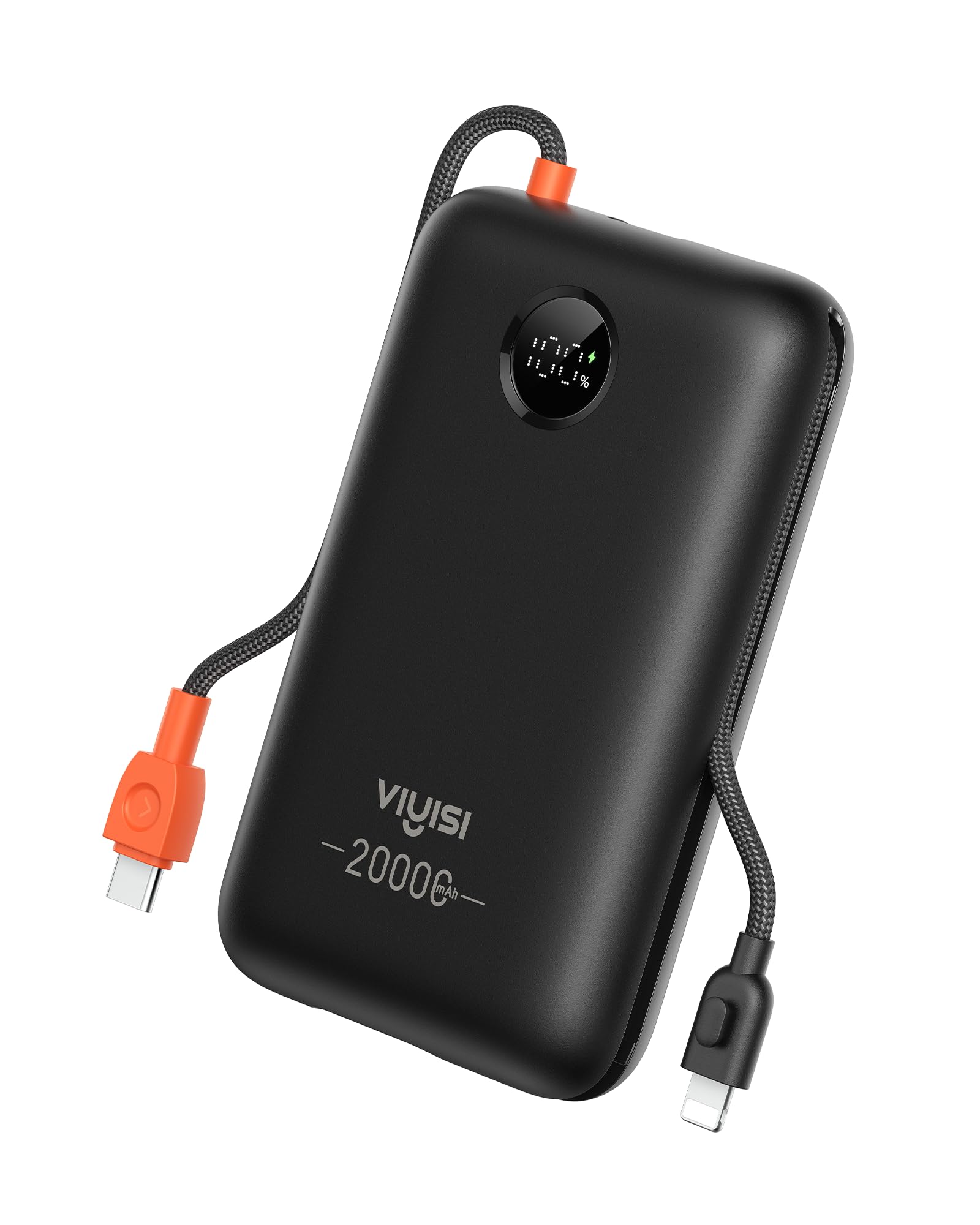 پاور بانک VIYISI با ظرفیت 20000 میلی آمپر ساعت، شارژ سریع 30 وات، شارژر قابل حمل با کابل‌های داخلی و صفحه نمایش LED، باتری پورت USB C برای آیفون، سامسونگ، آیپد و گوشی‌های اندروید، ایده‌آل برای سفر - مشکی