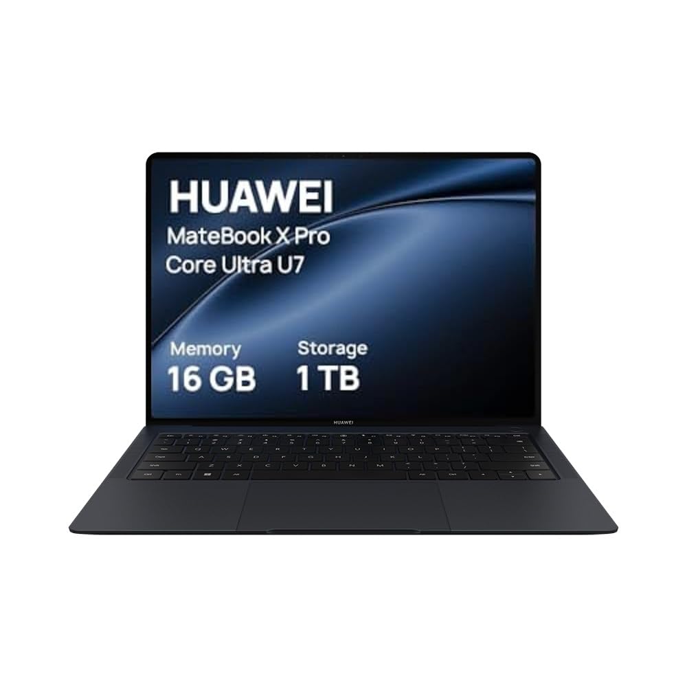 لپ تاپ هواوی MateBook X Pro Core Ultra، بدنه فلزی فوق سبک با وزن ۹۸۰ گرم، پردازنده اینتل Core Ultra 7، صفحه نمایش لمسی رنگی OLED انعطاف پذیر ۳.۱K اینچی هواوی، ۱۶ گیگابایت حافظه RAM و ۱ ترابایت فضای ذخیره‌سازی، مدل مستقل مشکی.