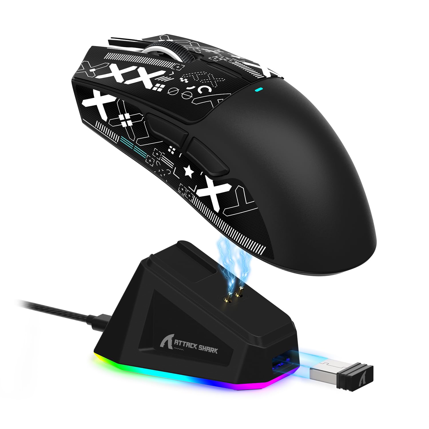 موشواره بازی بی‌سیم سبک ATTACK SHARK X11 با پایه شارژ RGB، سه حالت - 2.4G/USB-C سیمی/BT، 22K نقطه در اینچ در ثانیه، حسگر اپتیکال PAW3311، سوئیچ HUYU، 5 دکمه قابل برنامه‌ریزی برای کامپیوتر/مک (موس سیاه و استیکر ضد لغزش)