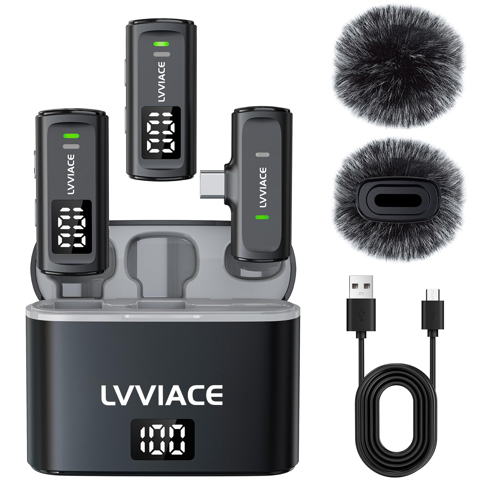 میکروفون بی‌سیم LVVIACE برای تلفن‌ها با پورت USB نوع C، 40 ساعت عمر باطری با نمایشگر دیجیتال فرستنده، مورد شارژ کیس، میکروفن کوچک 82 فوتی با کاهش نویز (USB نوع C)