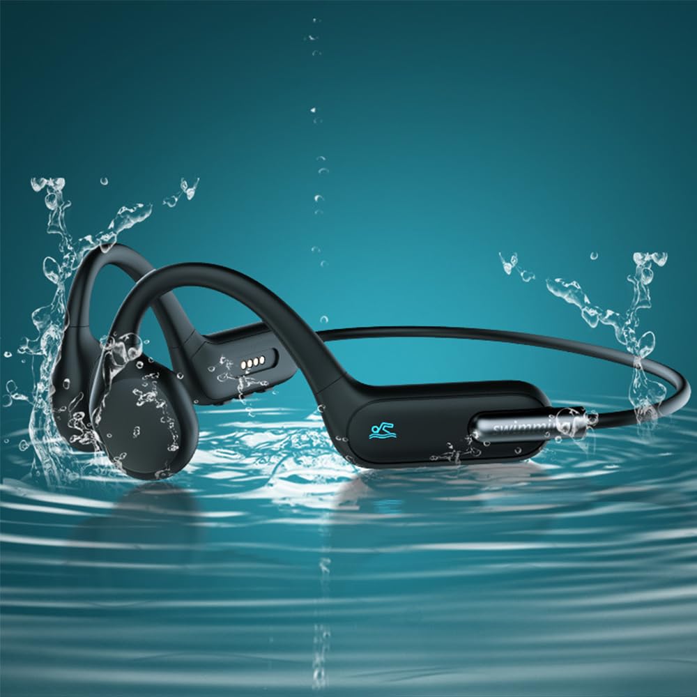 هدفون شنا IHAO True Bone Conduction گوشی باز گوش پلیر MP3 با حافظه 32G داخلی، ضد آب تا عمق 68 متر IP68، هدست استریو بلوتوث برای رانندگی، دوچرخه‌سواری، دویدن و اسکی - مدل X6 سیاه