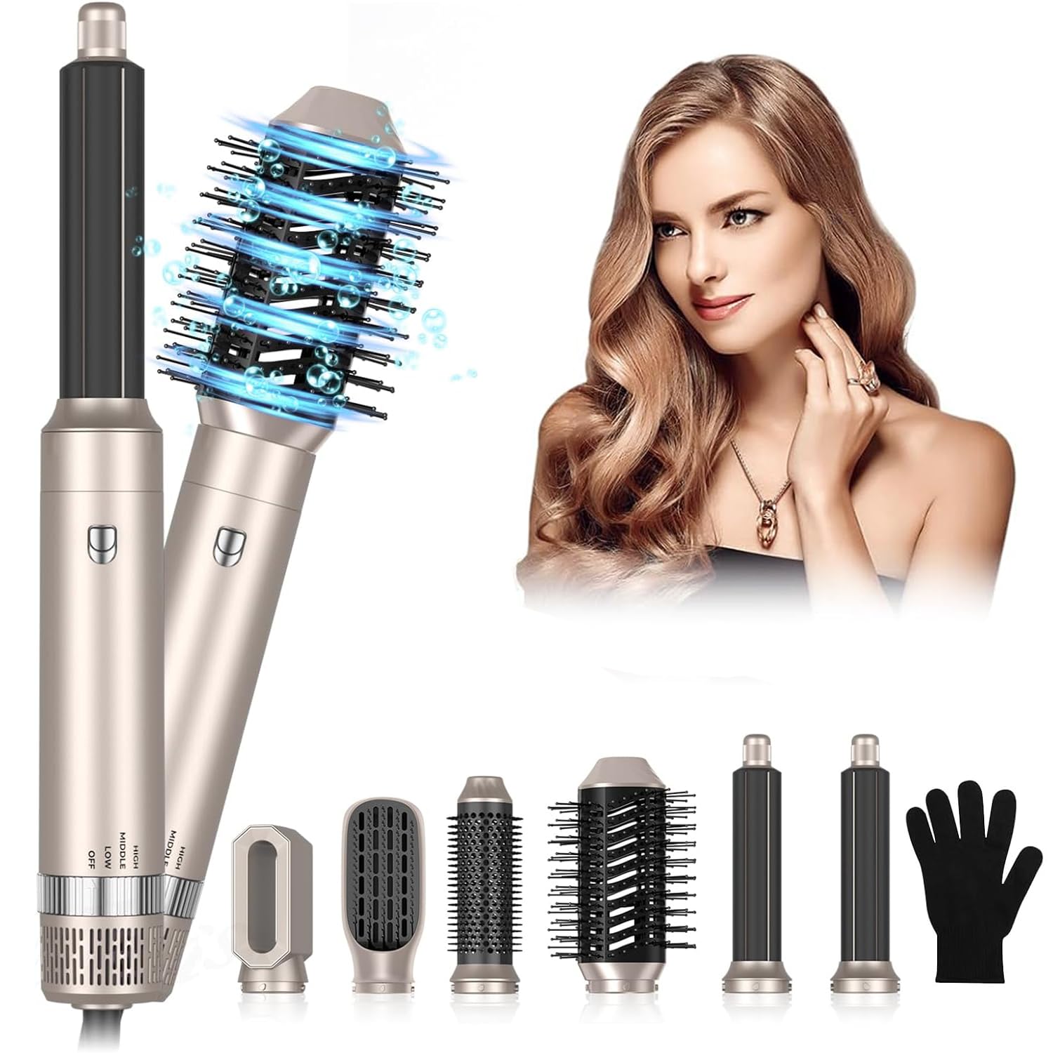 وسیله خشک کن و شنیون زن مو 6 در 1 Angju، دماهای چپ و راست و براش مو Air Curler با توان 1000 وات، برس صاف کننده مو و برس حجیم ساز را بیان می کند.