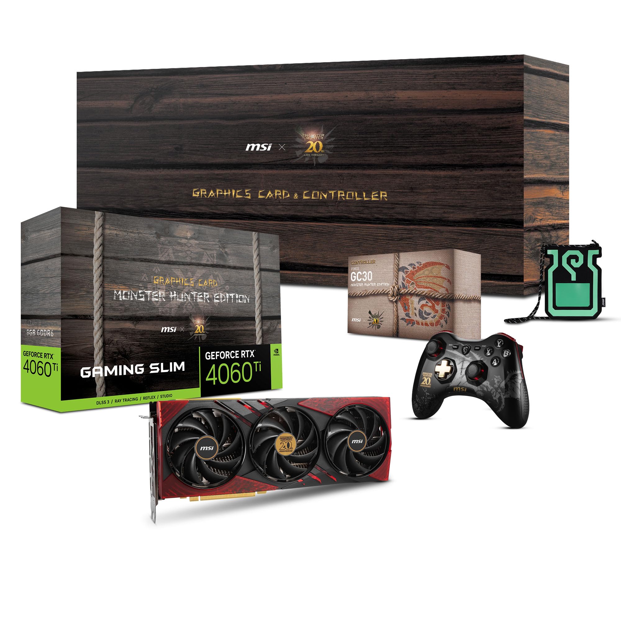 کارت گرافیک ام اس آی گیمینگ RTX 4060 Ti 8G x GC30 Monster Hunter Edition + بسته کنترلر GC30 (انویدیا RTX 4060 Ti، 128 بیت، بوست کلاک: 2535 مگاهرتز، 8 گیگابایت GDRR6 18 گیگابیت بر ثانیه، HDMI/DP)