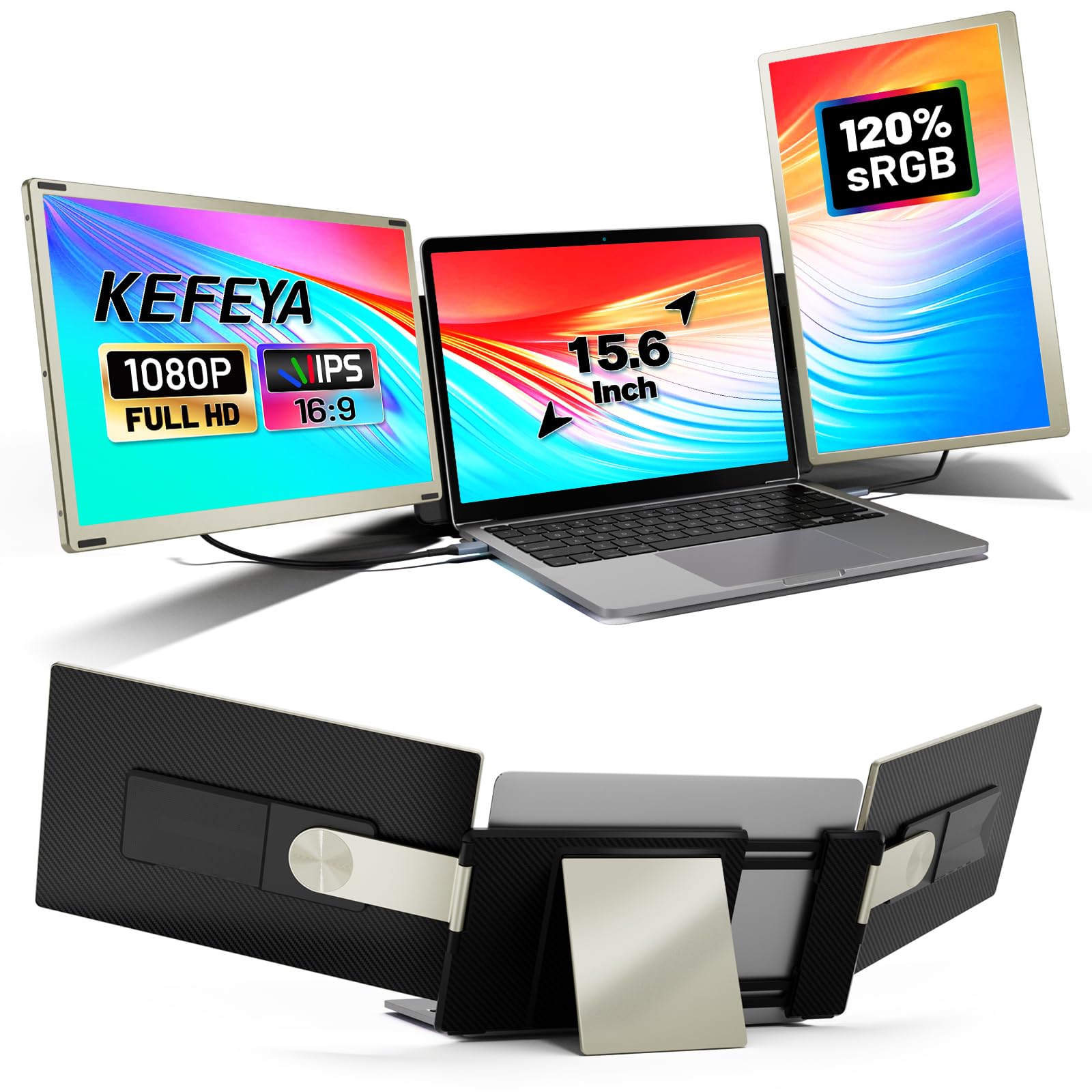 تقویت کننده صفحه نمایش قابل حمل KEFEYA 15.6 اینچ برای لپ تاپ ها همراه با HUB H5-T، افزایش دهنده صفحه نمایش قابل حمل 80 NTSC FHD 1080P افزایش دهنده صفحه نمایش لپ تاپ HDMI/USB-C Plug and Play برای مک ویندوز Chrome 15.6 اینچ Tri