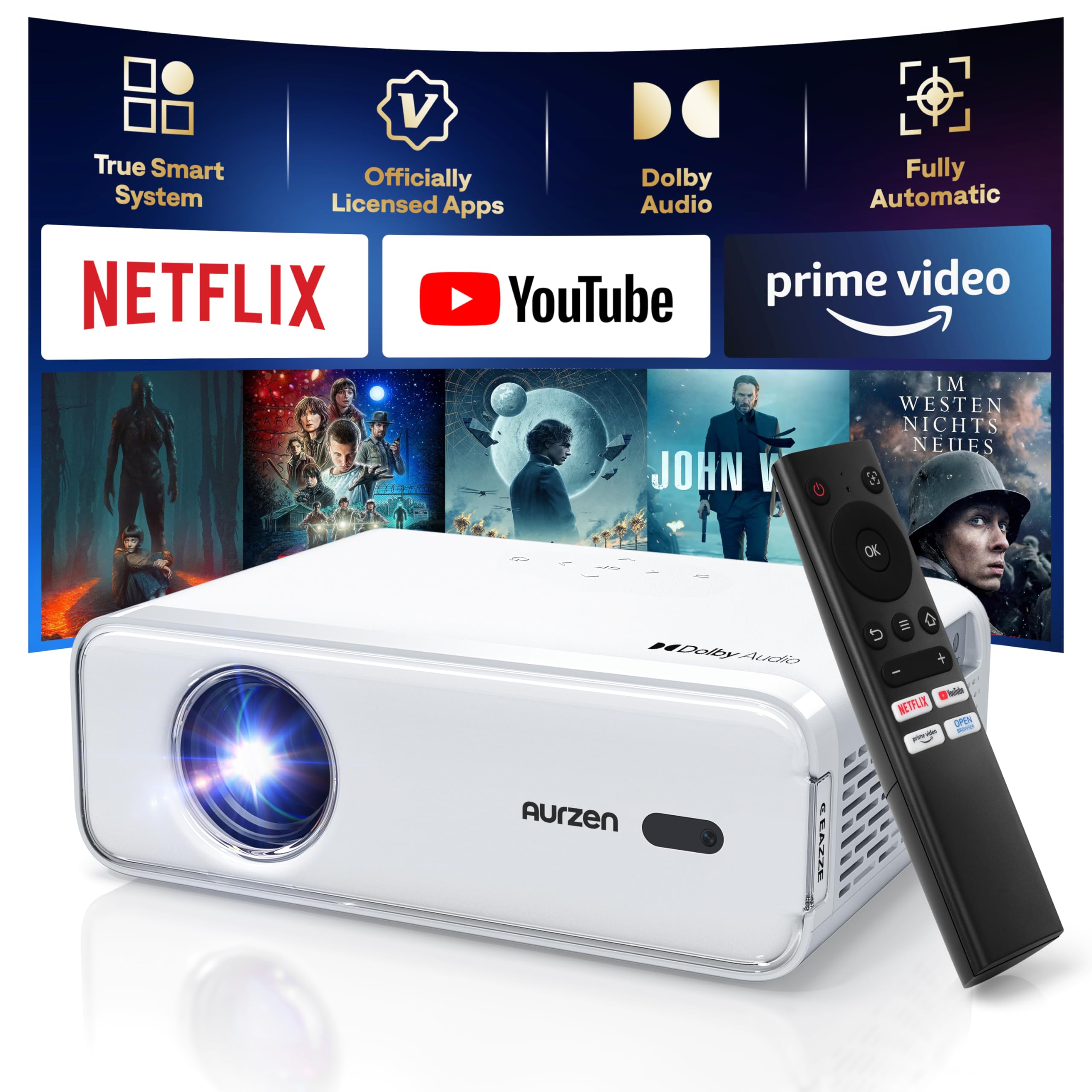 پروژکتور هوشمند Aurzen Eazze D1 با وای فای و بلوتوث، Netflix-Officially-Licensed، فوکوس خودکار و Keystone، صدای Dolby، زوم، فیلم 1080P Native، پروژکتور مینی قابل حمل بیرونی، سفید