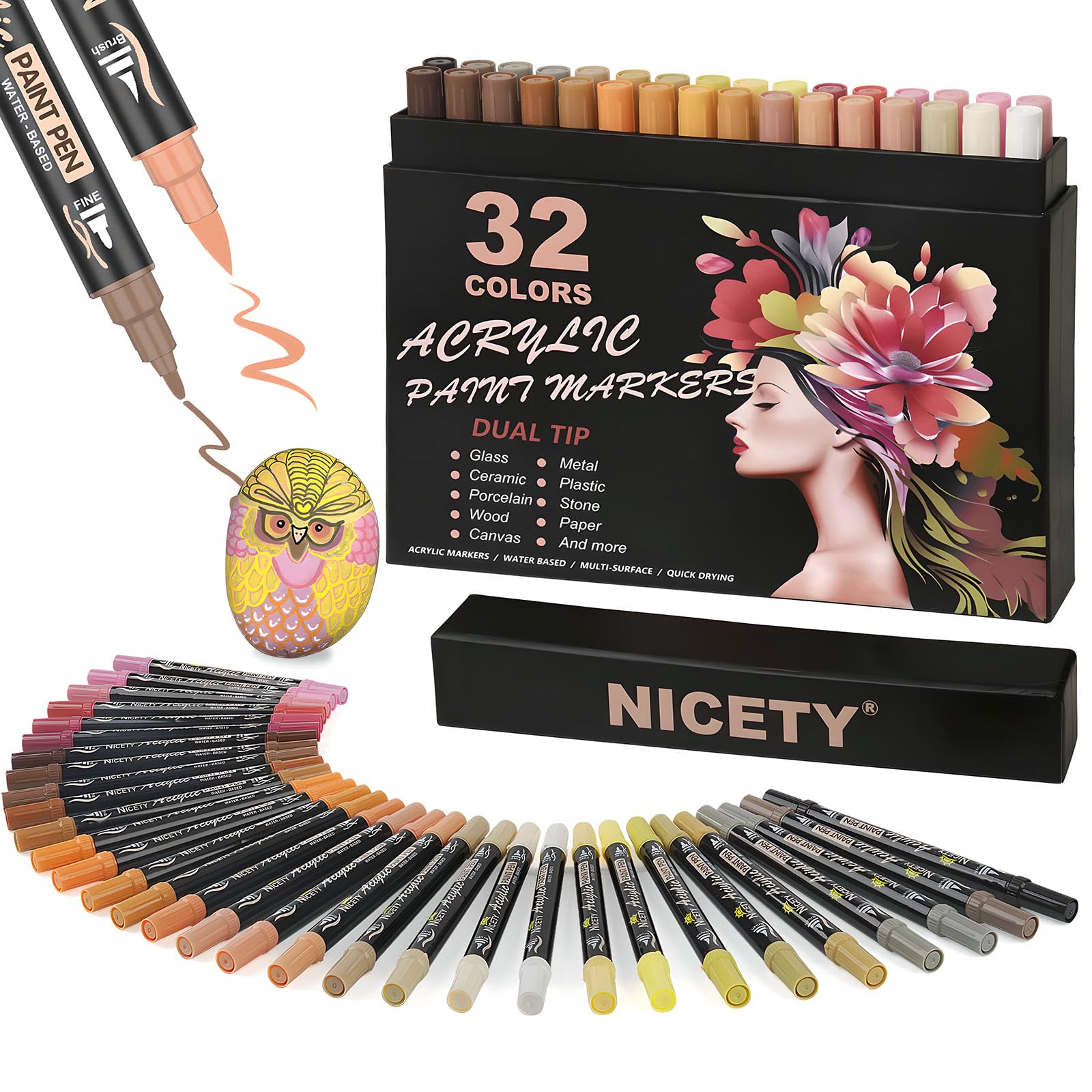 مدادهای رنگ آکریلیک NICETY 32 رنگ - نوک دوگانه قلم نقاشی مسطح برای نقاشی روی سنگ چوب شیشه سرامیک - مداد نیم ریز و پنجه براش بر اساس آب برای بزرگسالان (رنگ پوست)