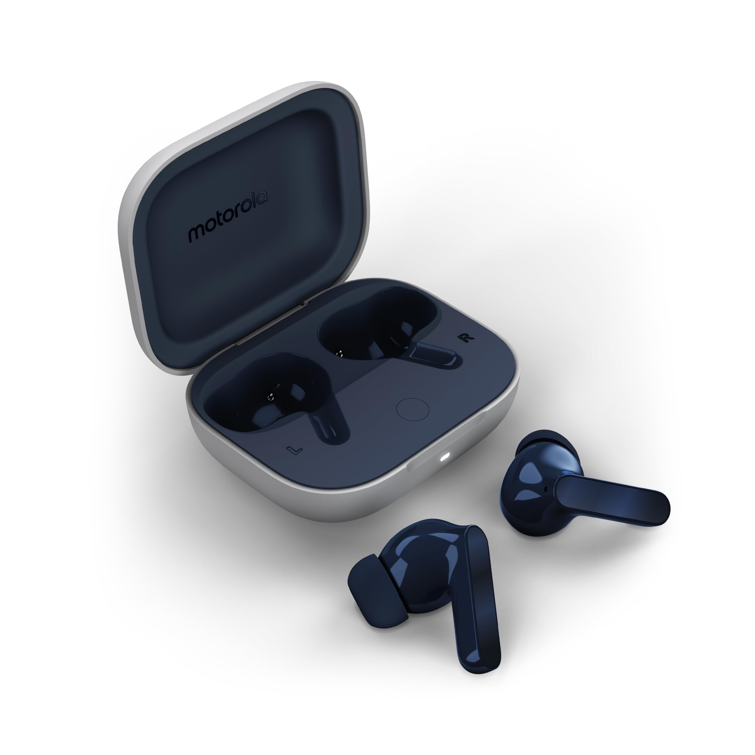 گوشی‌های بی‌سیم MOTOROLA Moto Buds، هدفون بلوتوث TWS، ANC، Dolby Atmos، طراحی منحصر به فرد، صدای Hi-Res، شارژ سریع، عمر باتری طولانی، مقاوم در برابر آب، رنگ ابی شبنمی