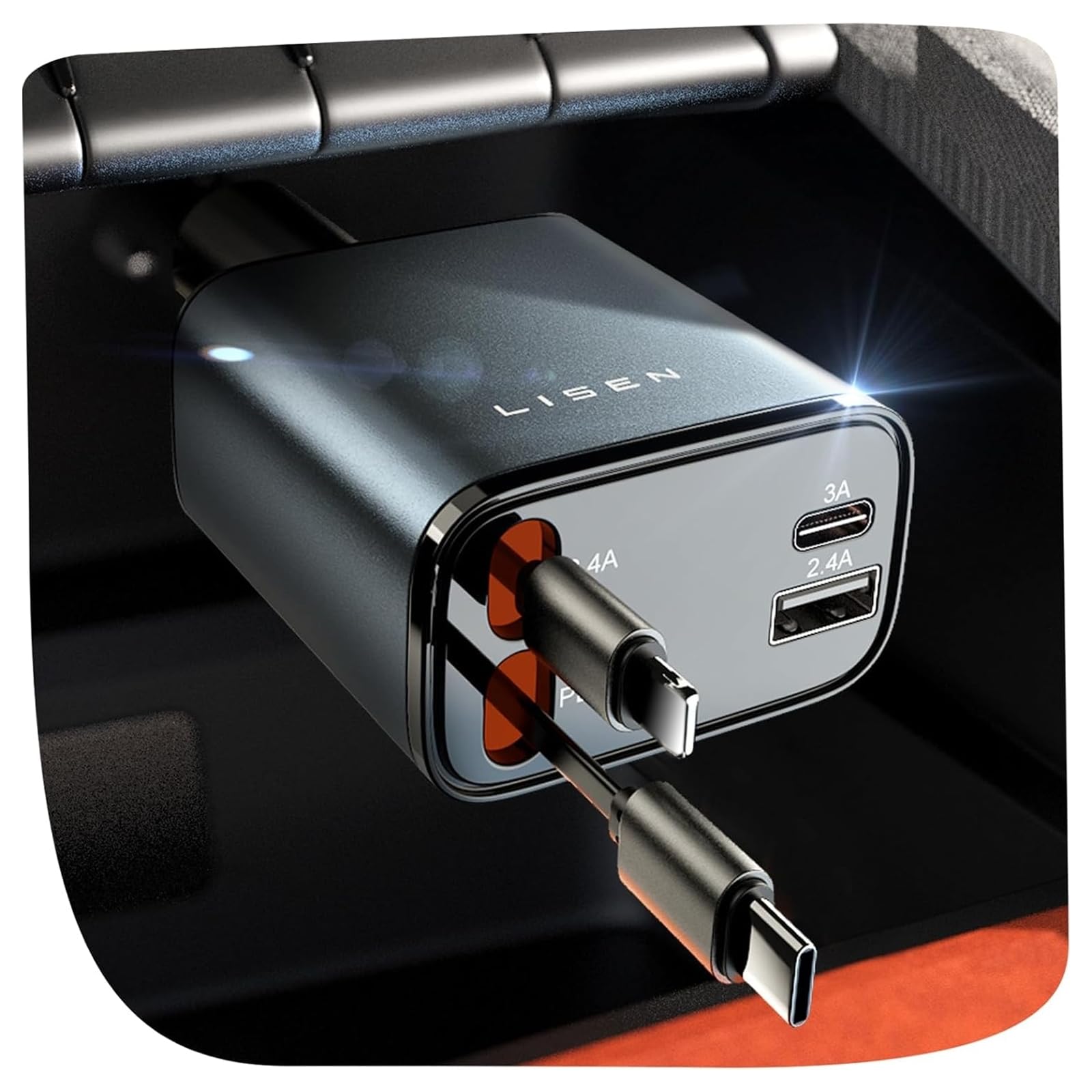 شارژر خودروی چندکاره Listen 4 in 1 با پورت شارژر فندکی آیفون [۶۹ وات]، شارژر فندکی USB C با سریع، دارای کابل قابل کشیدن، ساماندهی خودرو برای آیفون ۱۵ پرو مکس پلاس رنگ خاکستری
