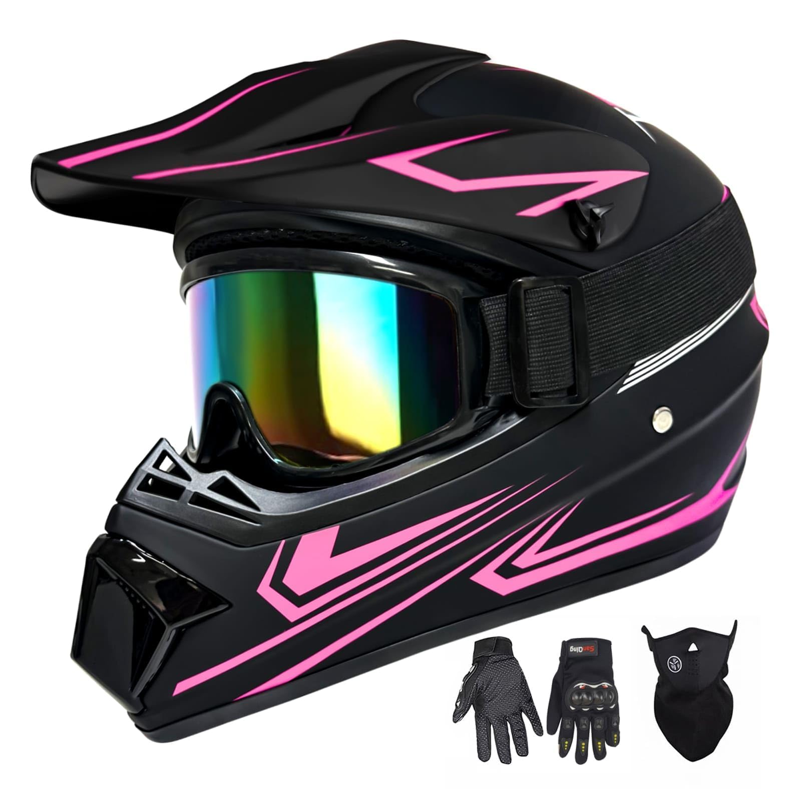 خودروسواری کودکانه XINGSILUC - کاپوت موتورسیکلت بطور کامل، سریع Helmet با دارای ماسک و دستکش و عینک Helmetدهی DOT Certifieکاتارصد صورت تحریردهبند Quick Release Buckle- رنگ صورتی