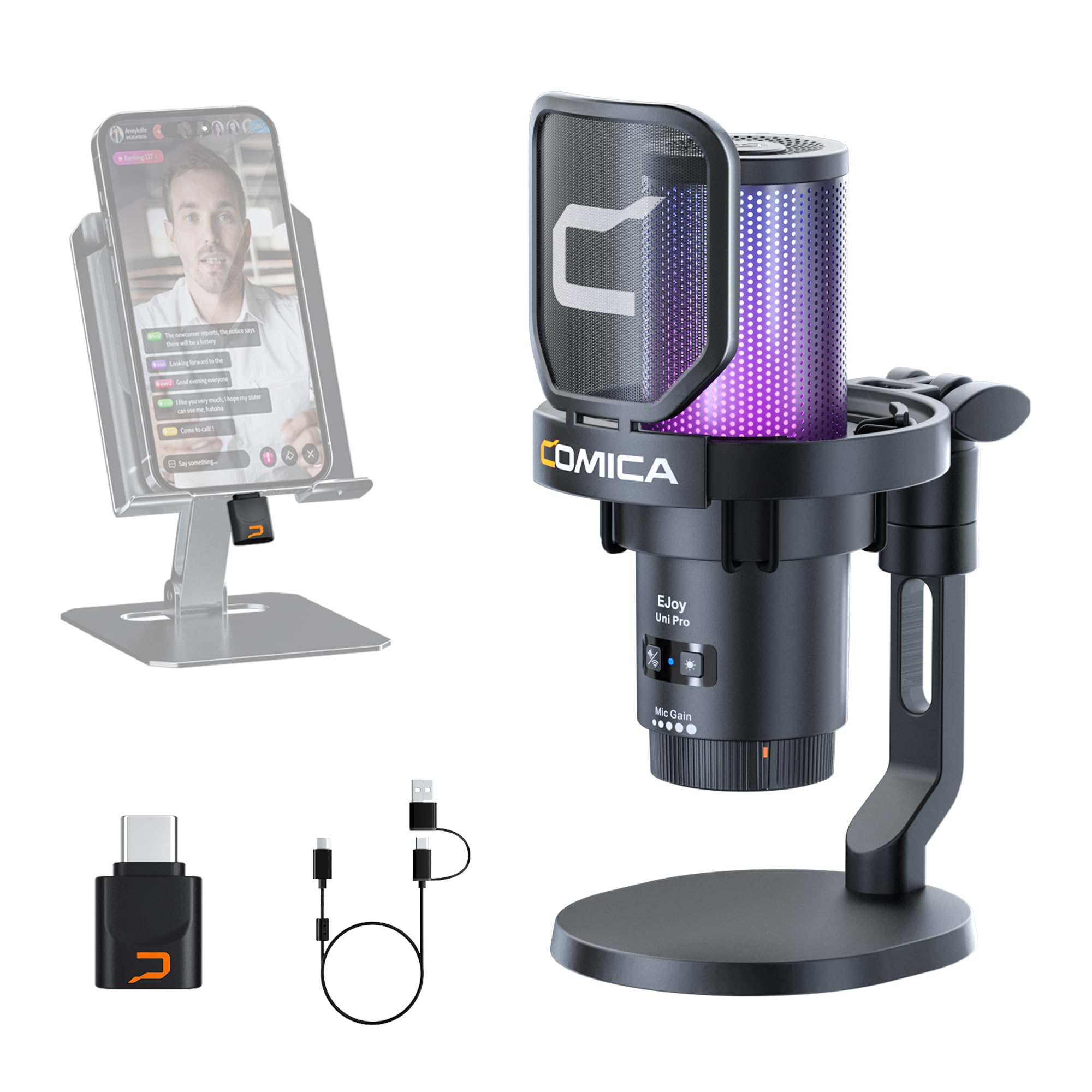 میکروفون بی‌سیم یونی پرو ای‌جو کامیکا برای کامپیوتر با گیرنده USB-C، کاهش نویز، میکروفون کاندانسر RGB برای استریمینگ، پادکست، ضبط، یوتیوب، کامپیوتر، مک، پلی‌استیشن ۴، پلی‌استیشن ۵- مشکی