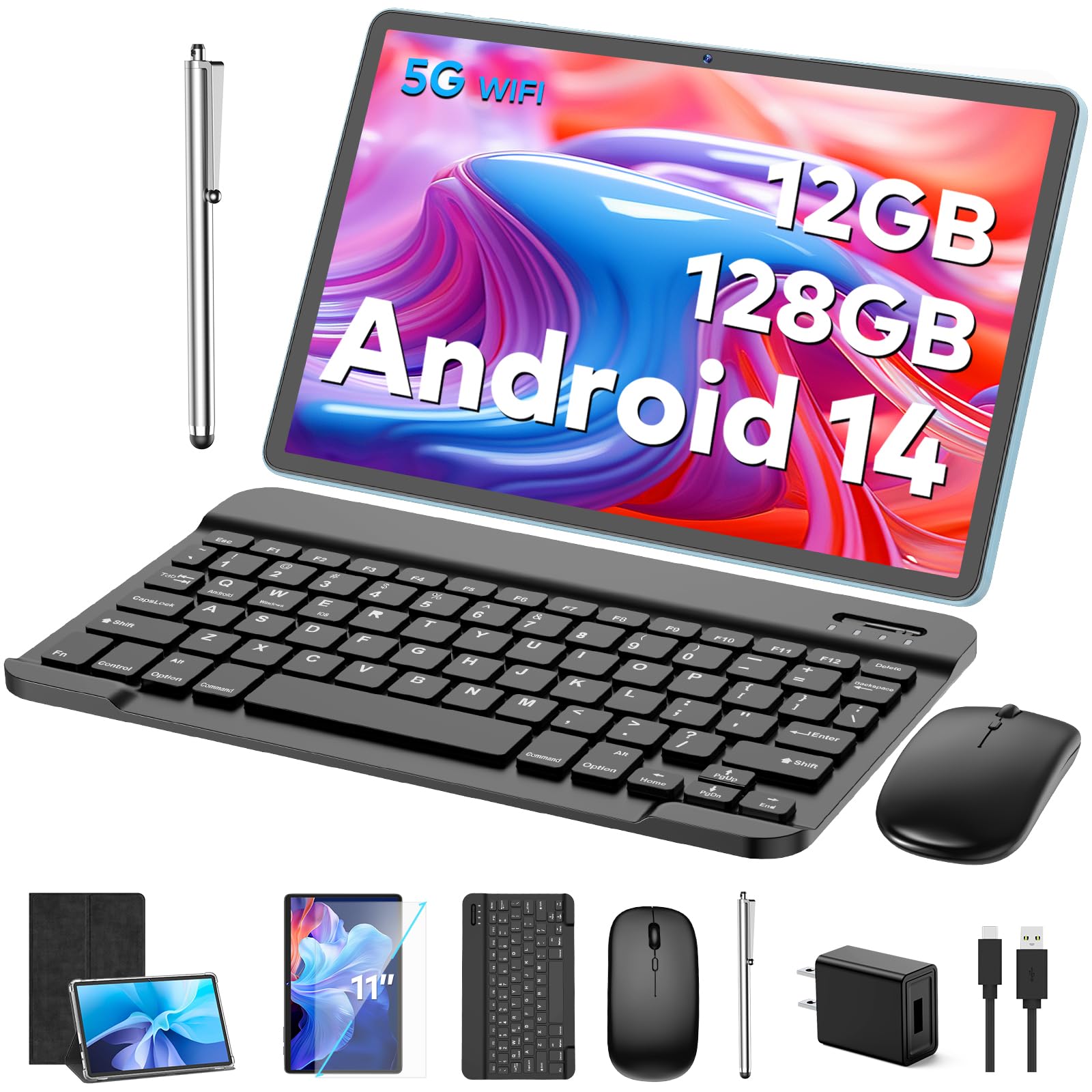 Android Tablet, 11 inch Android 15 Tablet with Keyboard, 24GB+128GB, 1TB Expand, 8000mAh, 5MP+13MP, 2.4G&5G WiFi, IPS Touch Screen, GMS Certified, 2 in 1 Tablets with Case, Mouse, Stylus(Black)