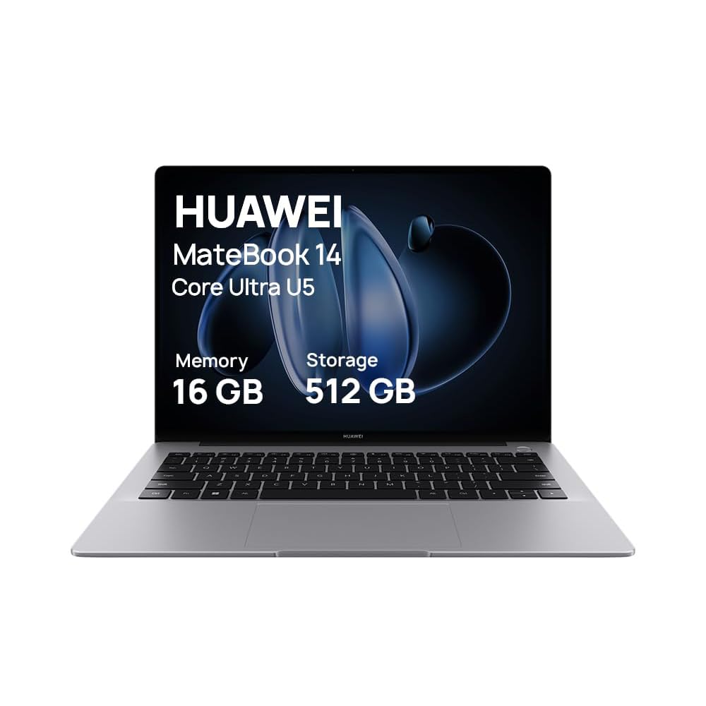 HUAWEI Matebook 14، صفحه نمایش لمسی OLED 2.8K 14.2 اینچ، طراحی فوق العاده نازک، پردازنده اینتل Core Ultra U5، پخش ویدیوی مداوم 19 ساعته، 16GB+512GB، Space Gray + هدیه رایگان