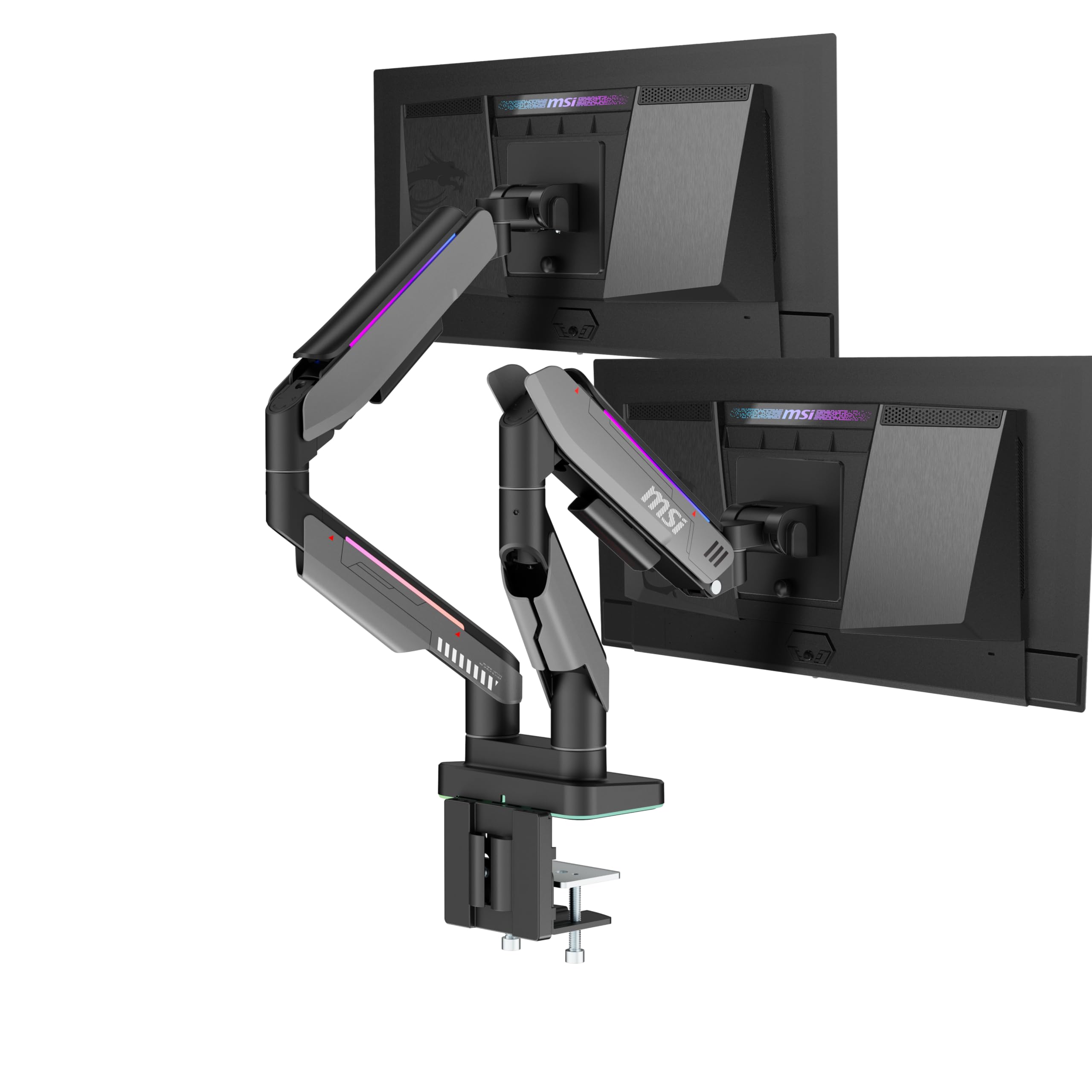 استند دوگانه RGB اختصاصی MSI MPG MT201DR - پشتیبانی از اندازه 17-35 اینچ، سازگار با استاندارد VESA، نصب گازی قابل تنظیم با ظرفیت 44 پوند برای هر صفحه نمایش، اتصال با گیره و گرومت، پلاک آزادسازی سریع - خاکستری