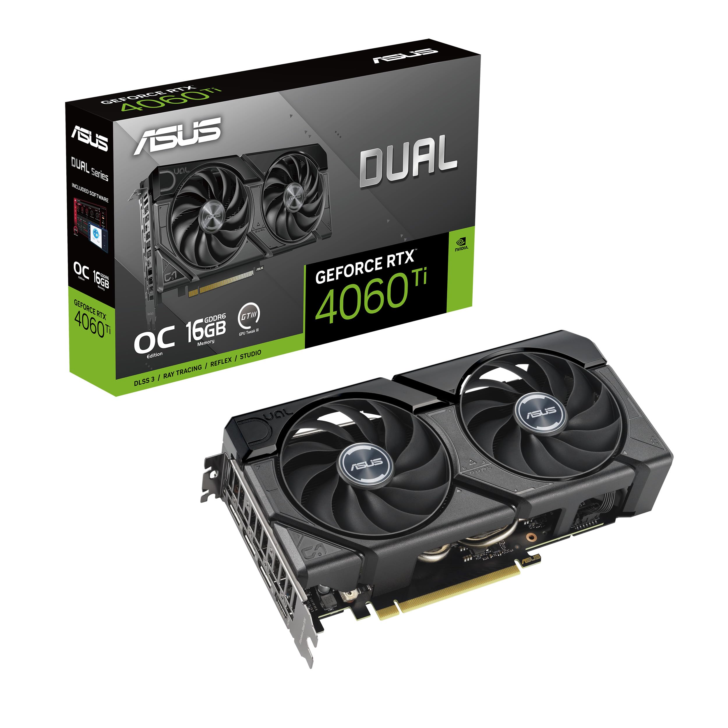 اسوس دوال گرافیک گیمینگ ایسوس GeForce RTX™ 4060 Ti EVO OC Edition با 16GB GDDR6 (PCIe 4.0، 16GB GDDR6، DLSS 3، HDMI 2.1a، DisplayPort 1.4a، طراحی 2.5 اسلات، طراحی فن Axial-tech، تکنولوژی 0 دسی‌بل و ... دوال|مشکی RTX4060TI|EVO|OC|16G