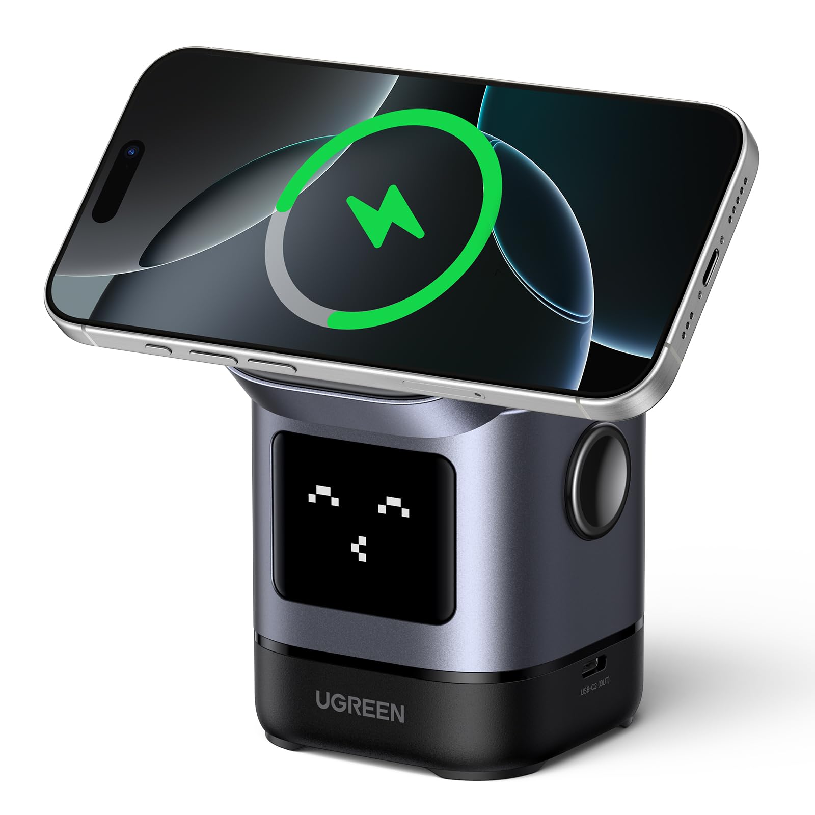 شارژر بی‌سیم UGREEN 15 وات Uno، دارای گواهی Qi2 MagSafe Charging، قابلیت شارژ سریع و استند تلفن مغناطیسی، ایستگاه شارژ بی‌سیم 2 در 1 قابل چرخش سازگار با سری iPhone 17-12، AirPods 4/3/2/Pro 2