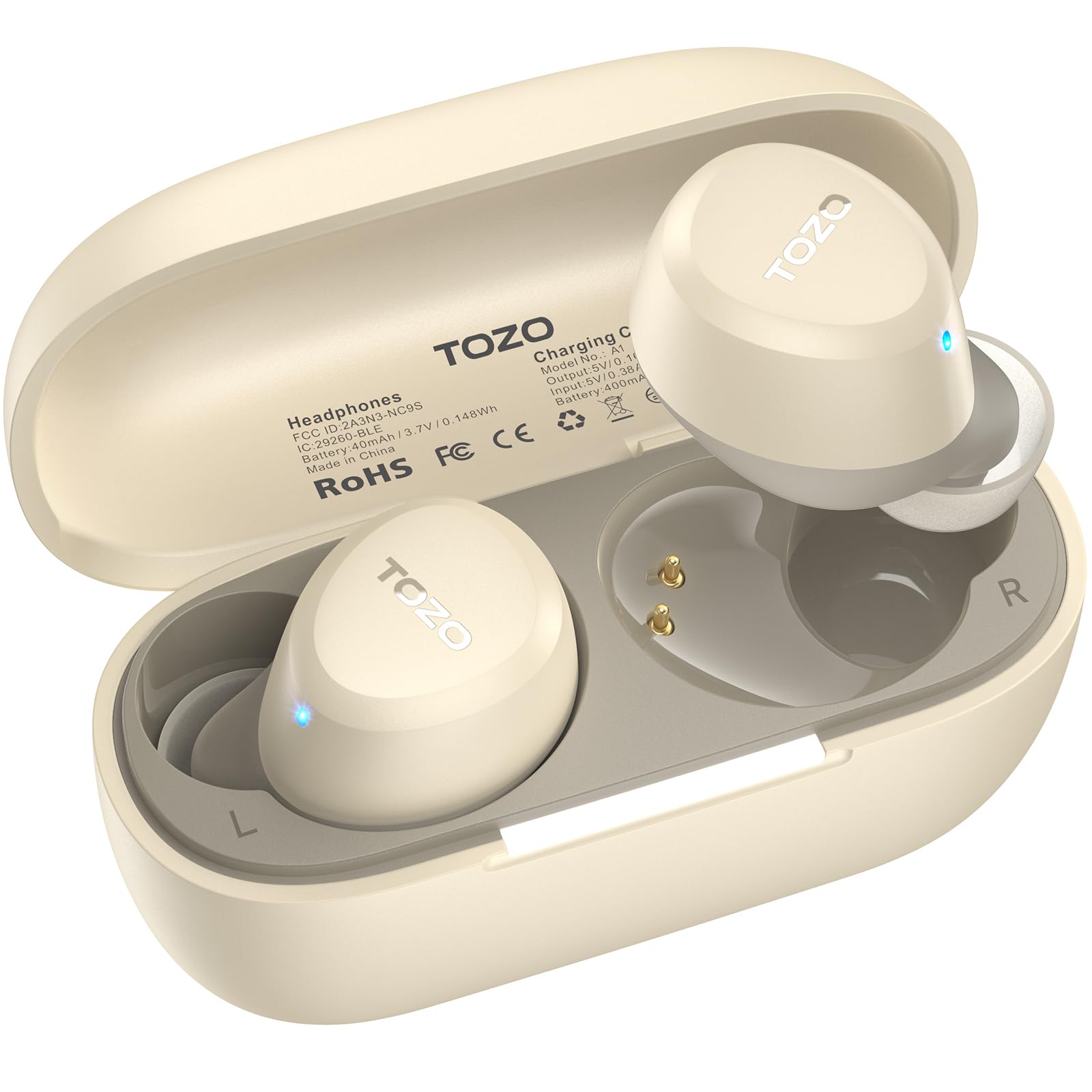 TOZO A1 2024 هدفون بی‌سیم به‌روزشده جدید، بلوتوث 5.3 در گوش هدفون‌ها سبک، پشتیبانی از تنظیم EQ برنامه، صدای استریو هدست بازی بلندتر با محوله شارژ کردن ضدآب، رنگ خاکی