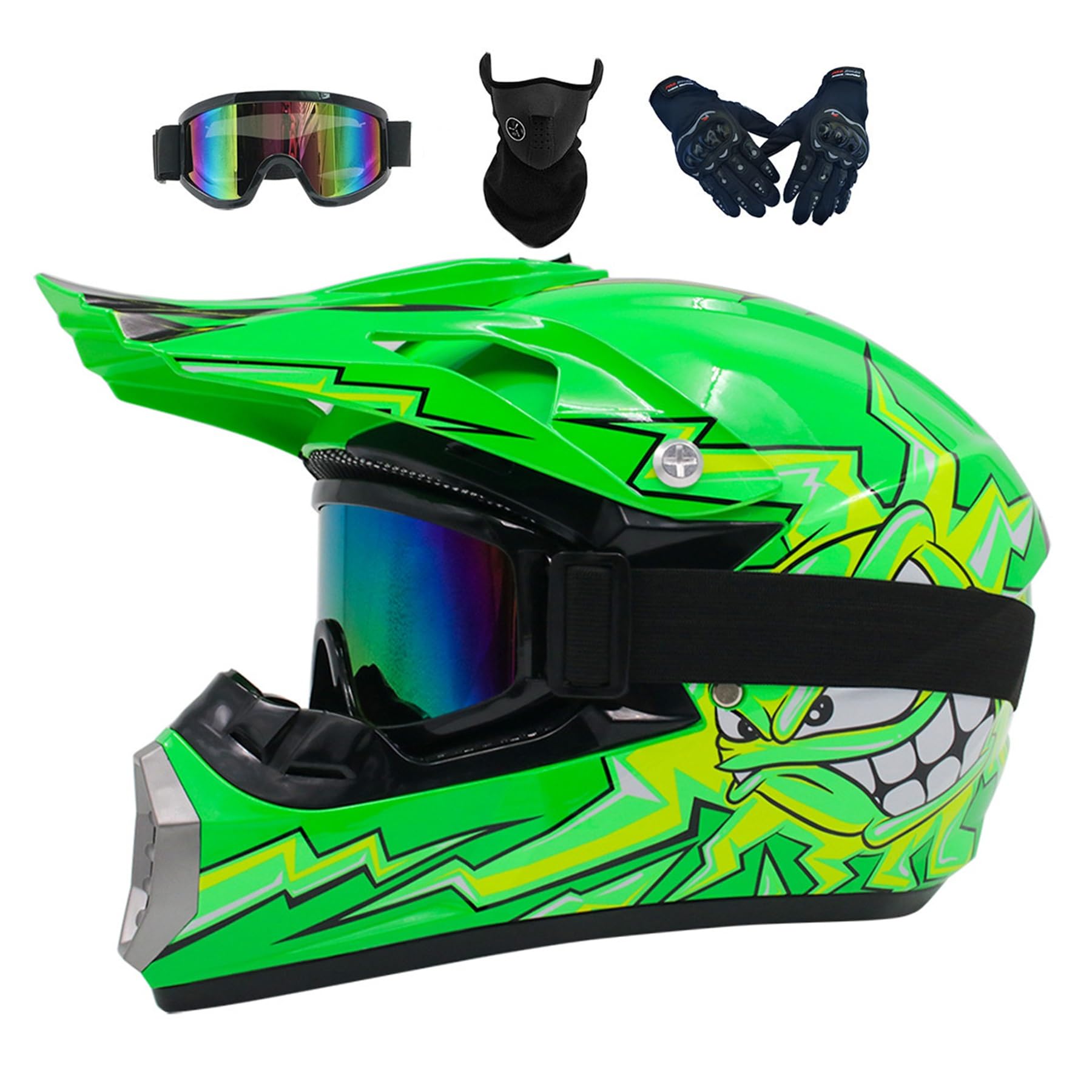 کاسکت موتوکراس کودکان، بزرگسال جوان موتورسیکلت خیابانی خاکی، کلاسیک، خیابان Dirt Bike Helmet، موتورسیکلت MX Helmet ATV BMX MX Downhill Quad Bike خاکی Full Face Motorcycle Crash Helmet، با عینک و دستکش S(52-53CM) سبز