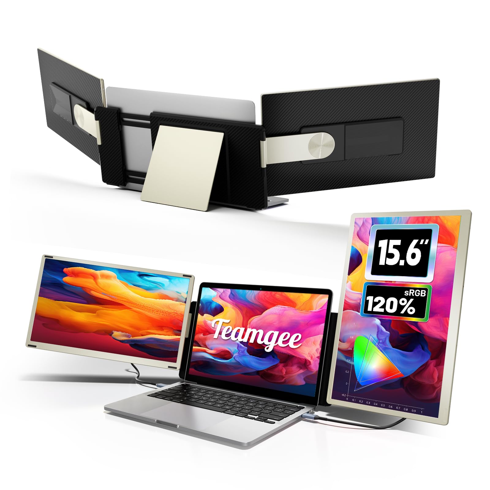صفحه نمایش قابل حمل Teamgee برای تمام لپتاپ‌ها، 15.6 اینچ 1080P FHD IPS 120٪ sRGB، چرخش 235 درجه، جدا شونده، پلاگ اند پلی، سازگار با ویندوز/مک/کروم/کامپیوتر شخصی