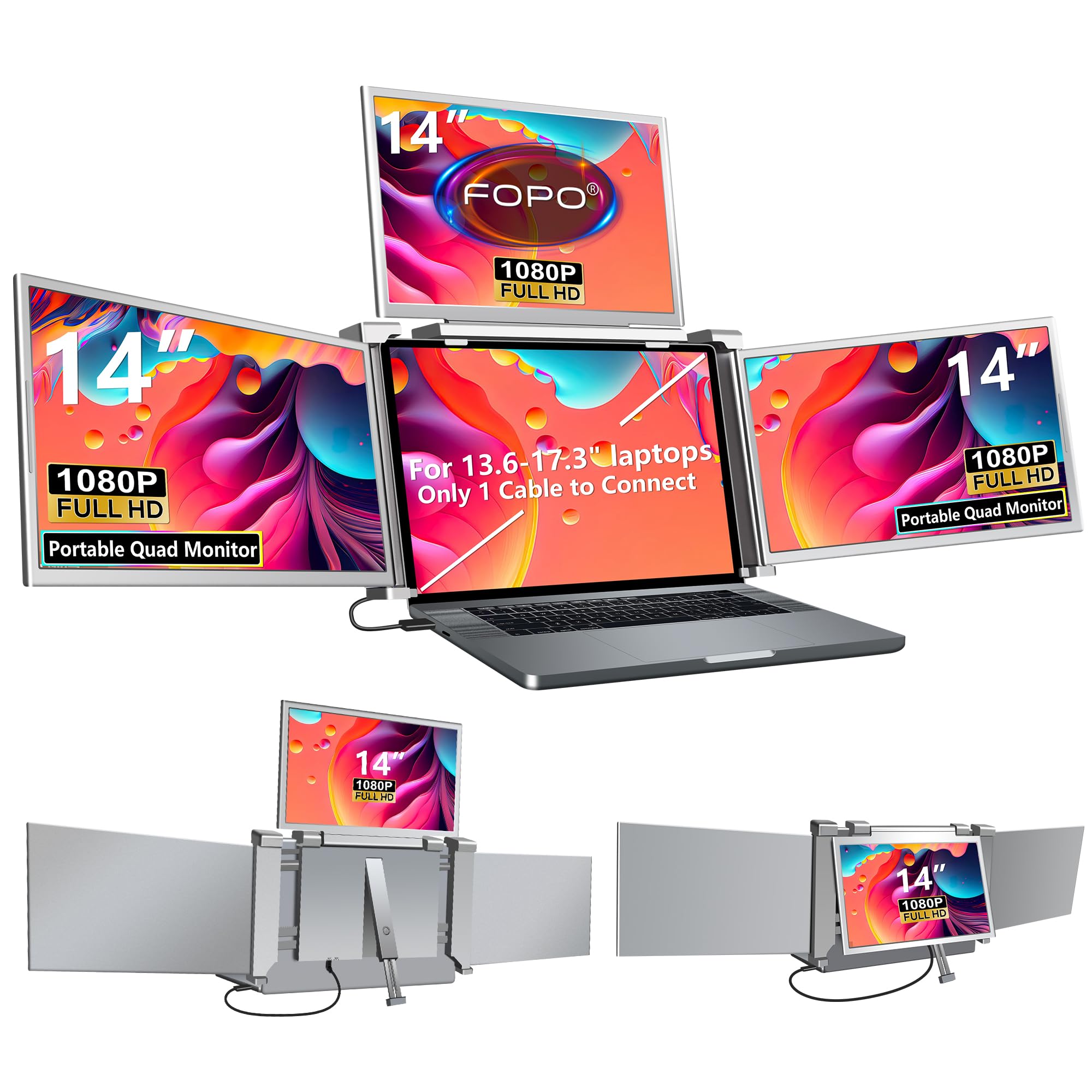 نمایشگر تاشو 14 اینچی FOPO برای لپ تاپ، قابل حمل، چهار نمایشگر، فقط 1 کابل برای 3 صفحه نمایش، اف‌اچ‌دی 1080پی خارج از لپ تاپ قابل استفاده با ویندوز/مک (ام ۱، ام ۲، ام ۳) برای لپ تاپ‌های 13.6 تا 17.3 اینچی