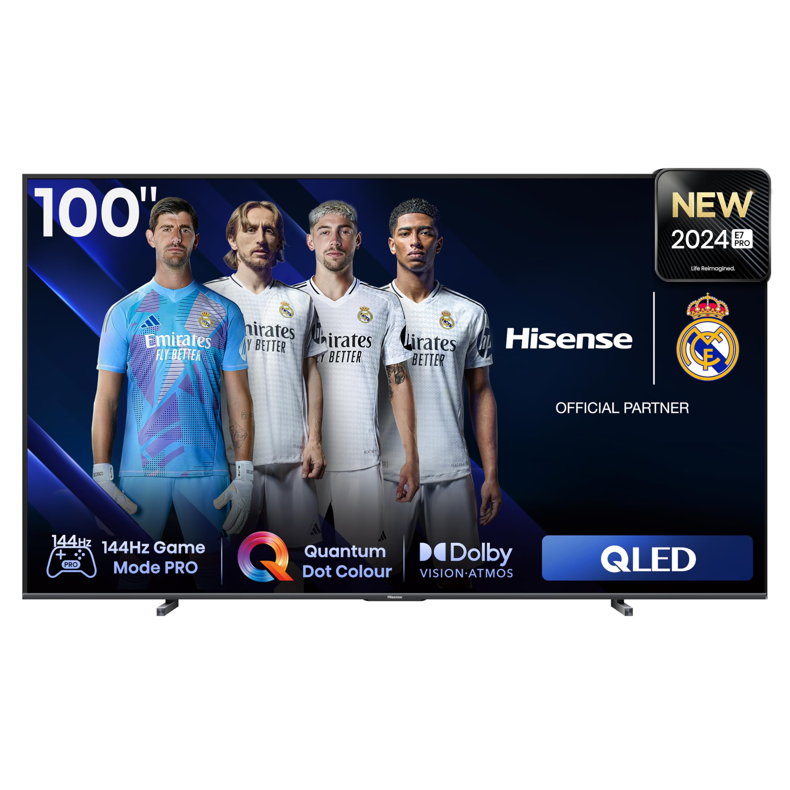 هیسنس 100 اینچ 144 هرتز VRR تلویزیون QLED E7N PRO - روشنایی محلی کامل، رنگ Quantum Dot، Dolby Vision Atmos، Freesync Premium، ساب‌ووفر داخلی، کنترل صوتی، و یوتیوب، نتفلیکس، دیزنی پلاس، و شاهد مدل 100E7N PRO تلویزیون 100 اینچی تنها 4K سری QLED E7