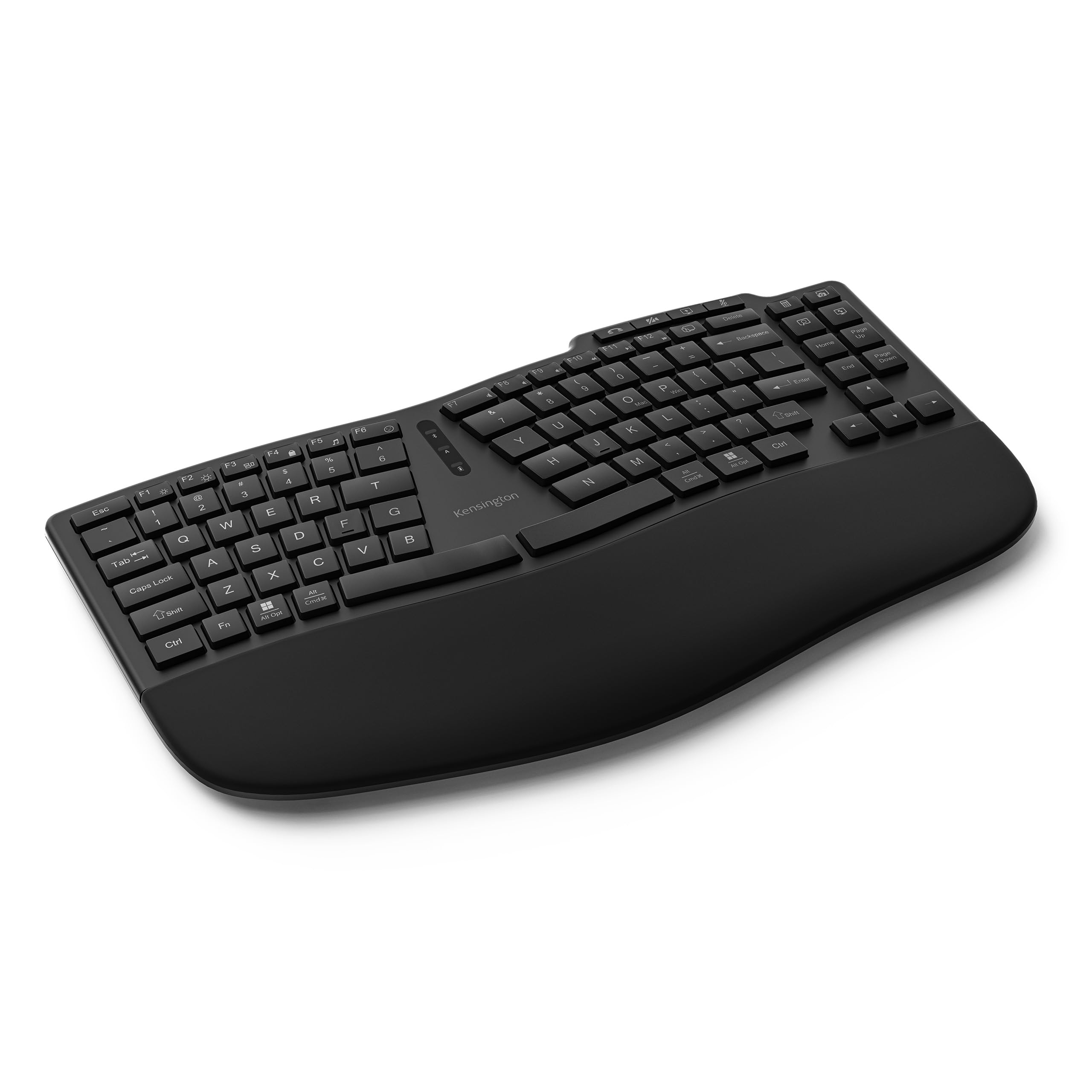 صفحه کلید بی‌سیم کنسینگتون پرو فیت ارگو مدل KB675، ارگونومیک، قابل شارژ، اتصال بلوتوث و 2.4 گیگاهرتزی، کلیدهای قابل برنامه‌ریزی، مشکی، مدل K75491US مشکی، صفحه کلید قابل شارژ