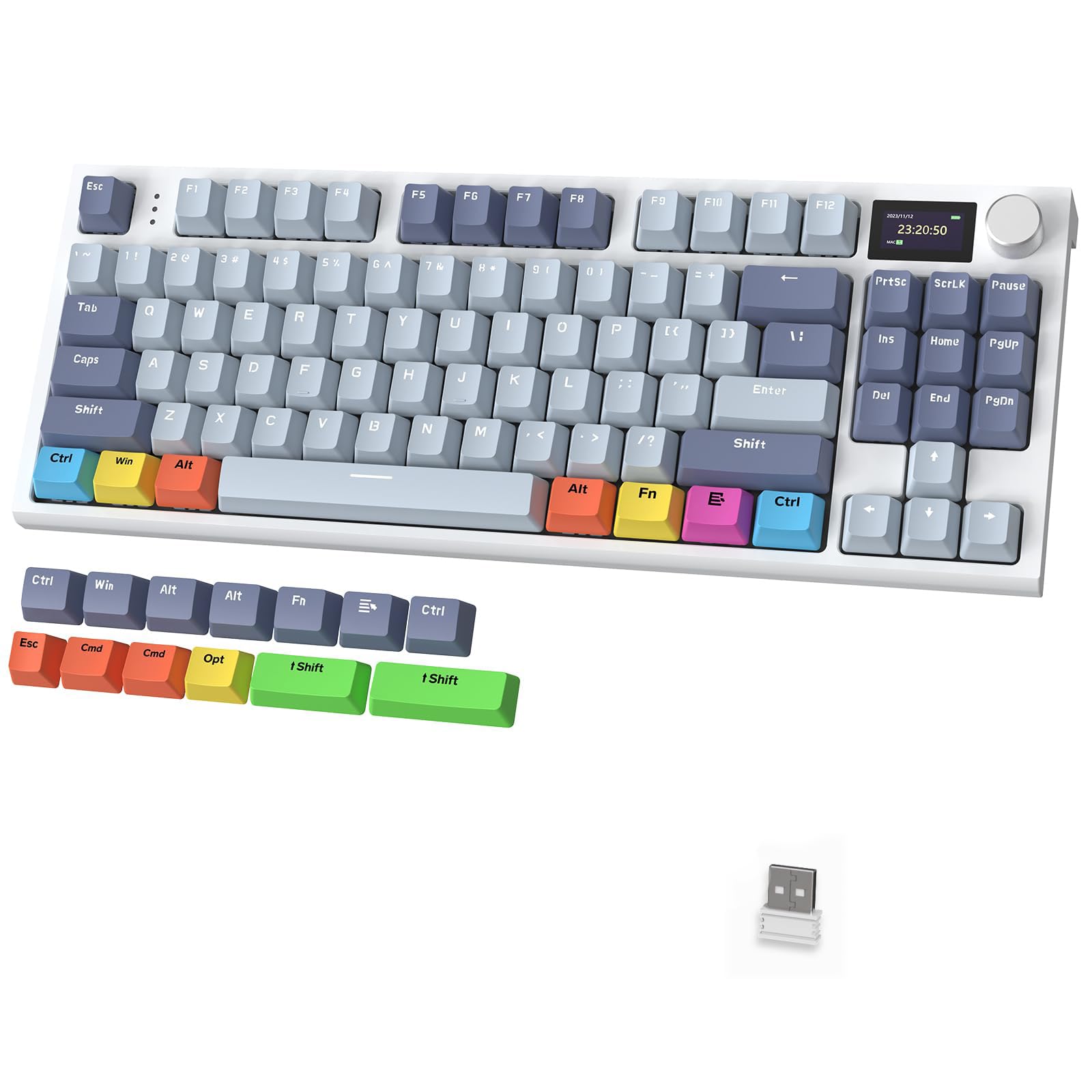 کیبورد مکانیکال بی‌سیم ATTACK SHARK K86 با نمایشگر رنگی TFT 1.2 اینچ و دستگیره CNC، با نور پس زمینه RGB قابل تعویض، حالت‌های 2.4 گیگاهرتز/بلوتوث/سیمی، سوئیچ نیز به طور آبی‌ قابل تنظیم PBT Keycaps برای WIN/MAC (بنفشی)