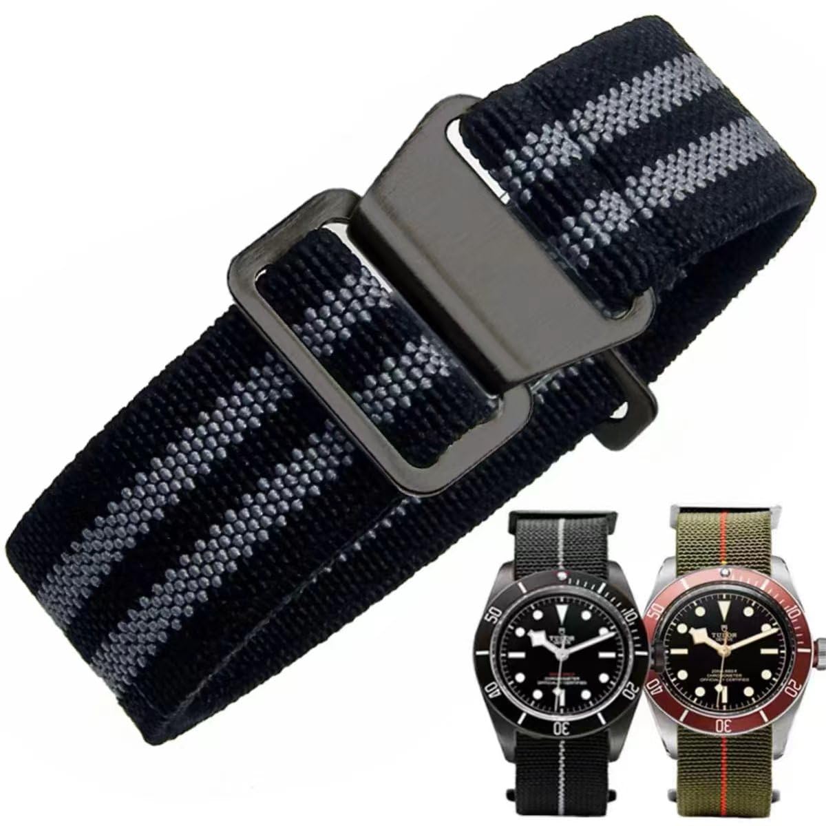 Elastic Watch Straps, Nylon, Military, Parachute, Replacement Wristband Made of Fabric, with Hook, Buckle, Black/Silver, for Men and Women, 10 Colors, 3 Sizes: 18/20/22mm 20mm Black gray-Black