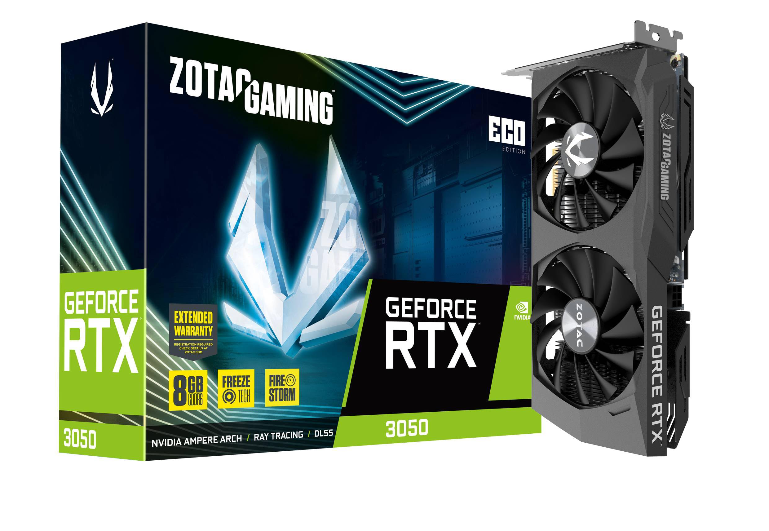 کارت گرافیک گیمینگ ZOTAC GeForce RTX™ 3050 ECO Edition 8GB GDDR6 128-bit 14 Gbps PCIE 4.0، کنترل فن فعال، توقف فن یخ زنی، ZT-A30500K-10M