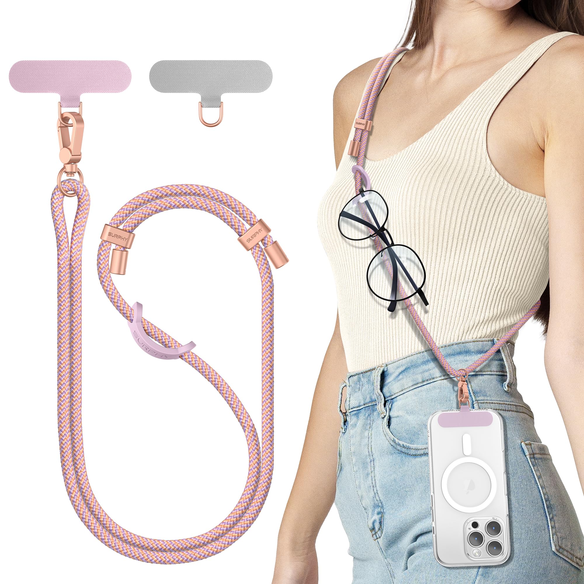 دستبند تلفن SURPHY Crossbody، دارای قابلیت تنظیم با 2 عدد پنجره محافظ تلفن، دو رنگ بافته شده با کامنو و بنفشک عادی، دستبند تلفن همراه‌.