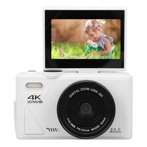 دوربین دیجیتال 4K گوشیدا، با زوم دیجیتال 18X و کیفیت 64 مگاپیکسل، دارای فوکوس خودکار و صفحه نمایش 3 اینچی قابل چرخش، دوربین ولاگینگ مقاوم در بقیه، مناسب برای استریم زنده و عکاسی مسافرتی (سفید)