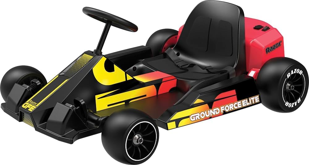 کارت الکتریکی Razor Ground Force Elite - برای سنین ۱۳ سال به بالا، با سرعت تا ۱۴ مایل بر ساعت، تا ۴۰ دقیقه استفاده مداوم، موتور ۳۵۰ واتی با زنجیر، دکمه تغییر جهت حرکت به جلو/عقب، باتری قابل شارژ ۳۶ ولتی