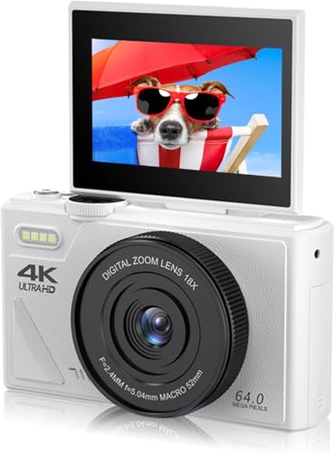 دوربین دیجیتال Bewinner Retro با کیفیت ۶۴ مگاپیکسل، دوربین وینتیج 4K UHD برای ولاگینگ با زوم ۱۸ برابر، اتوفوکوس، صفحه ۳ اینچی قابل چرخش برای عکاسی مسافرتی ولاگینگ (سفید) دوربین ۴K سفید