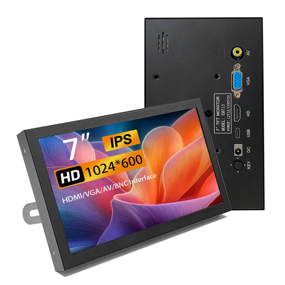 مانیتور 7 اینچی HDMI، مانیتور VGA قابل حمل با AV BNC صفحه نمایش LCD 1024×600 با بلندگوهای داخلی، نمایشچی چند منظوره IPS کوچک برای Raspberry Pi PC/TV/DVD/CVBS