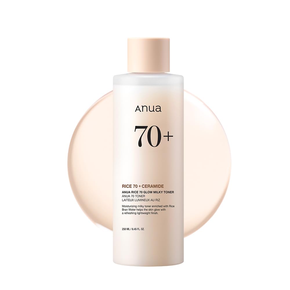 تونر متعلق به برند ANUA با نام Rice 70 Glow Milky، برای داشتن پوست شیشه ای، حاوی آب برنج، نیاسینامید، سرامیدها، پانتنول، غیر کومدوژنیک، ایمن برای جلوگیری از جوش‌های قارچی، محصولی از مراقبت‌های پوستی کره ای با حجم 250 میلی لیتر/8.45 اونس.