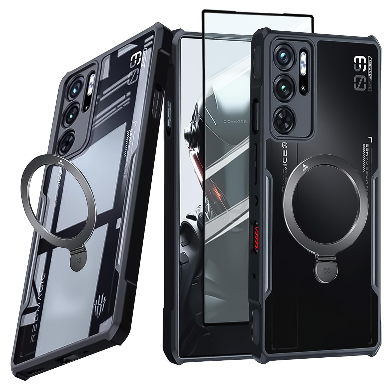 برای ZTE Nubia Red Magic 9S Pro+ / 9S Pro / 9 Pro+ / 9S Pro مورد واقعیت و صفحه نمایش جانبی، حامل حلقه 360 درجه TPU+PC مقاوم در برابر شوک، پوشش پشتی مات شفاف ضد اثر انگشت با حفاظت 9 Pro / 9 Pro / 9S Pro / 9S Pro+ سیاه نیمه شفاف