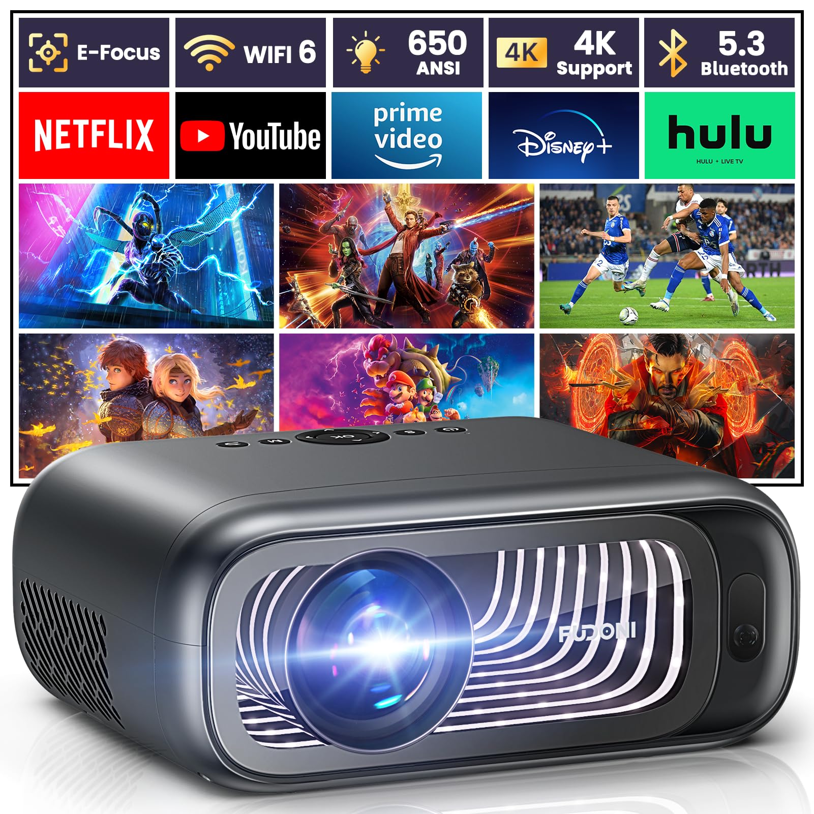 پروژکتور FUDONI با فوکوس الکتریک/استوانه خودکار، Wi-Fi 6 و بلوتوث دوطرفه، 650 ANSI نیتیو 1080P پشتیبانی از 4K، پروژکتور فیلم خارجی با حداکثر صفحه نمایش 300 اینچ، برای iOS/Android/TV Stick/HDMI/USB/Laptop