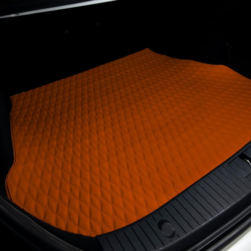 X1Mats لوازم جانبی اتومبیل Premium All-Weather Trunk برای تسلا مدل X از سال ۲۰۱۵ تا ۲۰۲۴ - مواد مقاوم PU چرم مناسب سفارشی محافظت از کف دیاموند مت ماشین مدل مربع ناپل دیاموند نارنجی